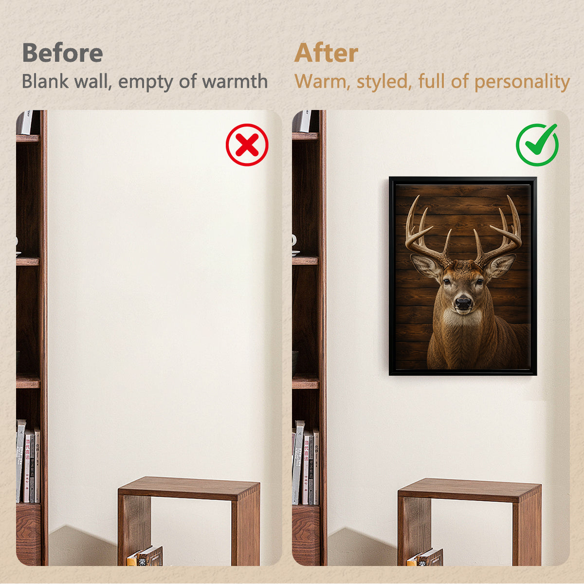 Framed Deer Portrait Wall Art, Rustic Wood Background, High-Quality Print, Home Decor for Living Room or Office