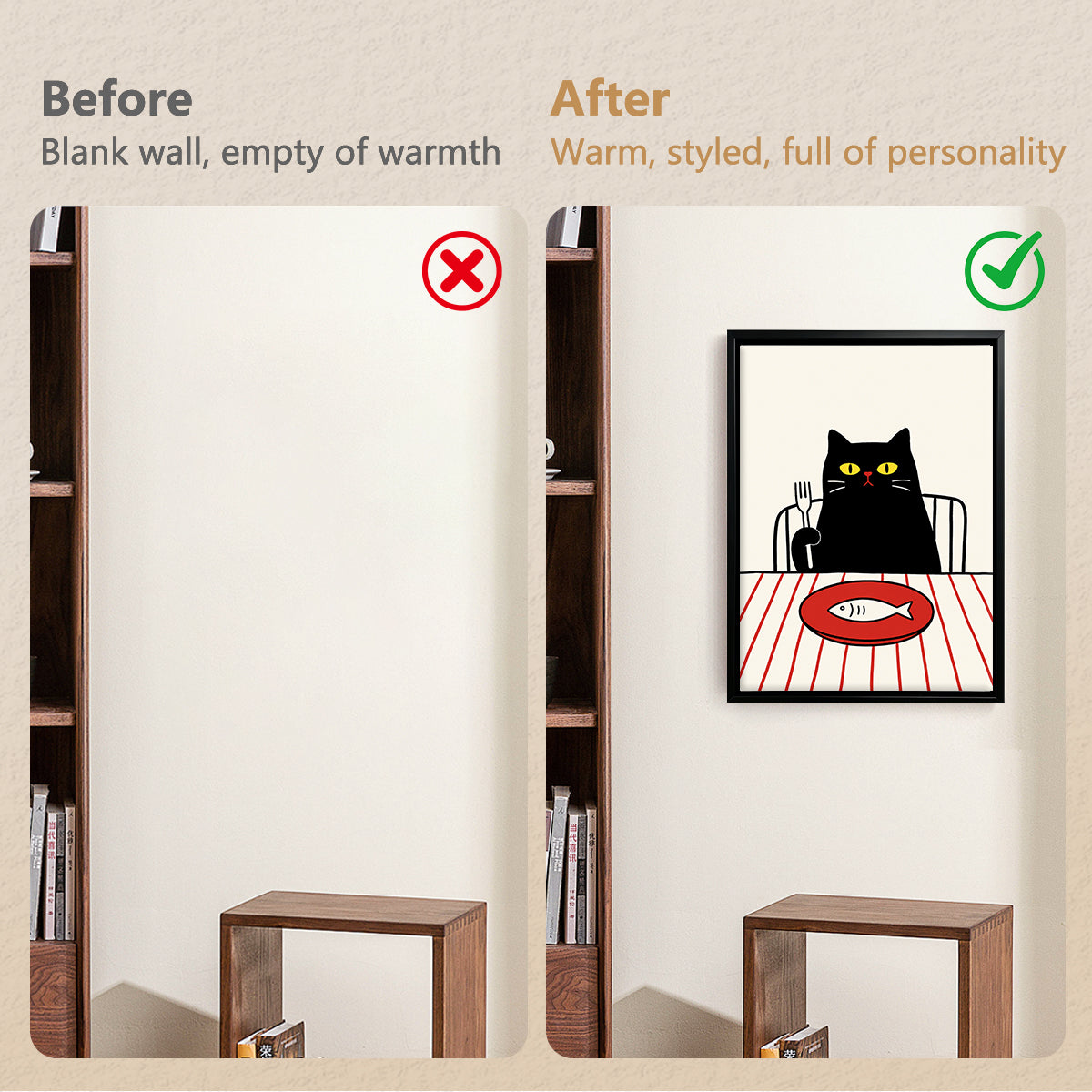 Framed Cat Dining Poster with Fish Illustration, Modern Art Print for Home Decor