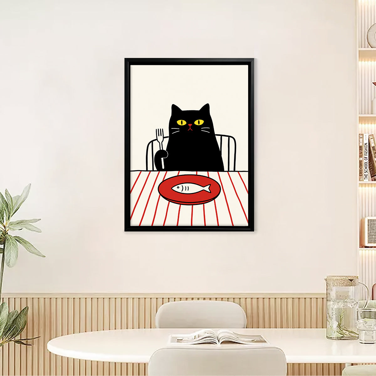 Framed Cat Dining Poster with Fish Illustration, Modern Art Print for Home Decor