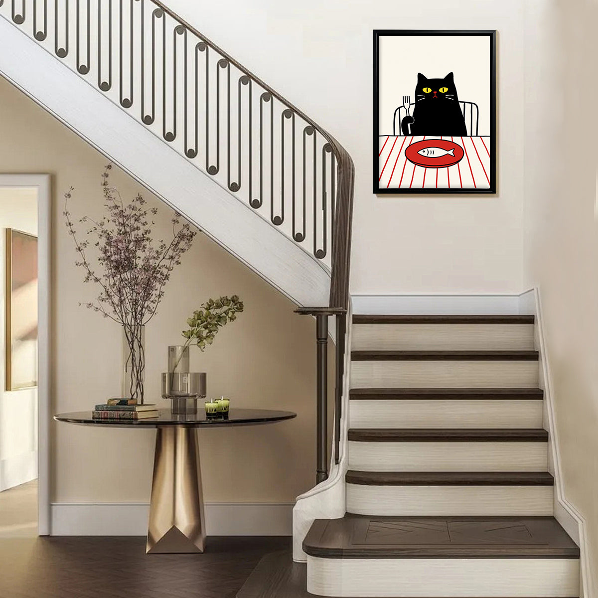 Framed Cat Dining Poster with Fish Illustration, Modern Art Print for Home Decor
