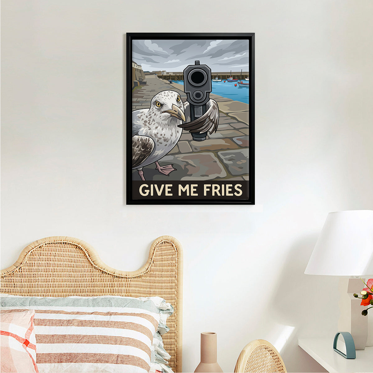 Framed Seagull with Gun Art Print, Humorous Coastal Decor, High-Quality Matte Finish, Perfect for Home or Office in Any State