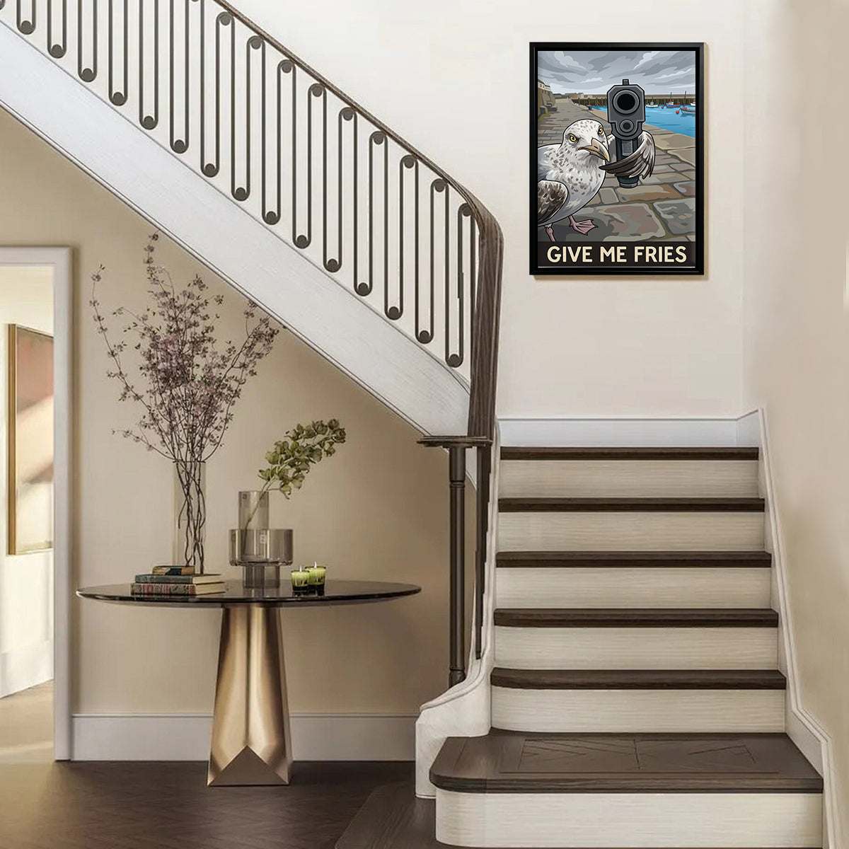 Framed Seagull with Gun Art Print, Humorous Coastal Decor, High-Quality Matte Finish, Perfect for Home or Office in Any State