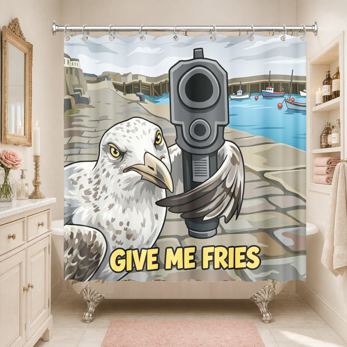 Funny Seagull with Gun Shower Curtain Waterproof Bathroom Decor, Give Me Fries Design