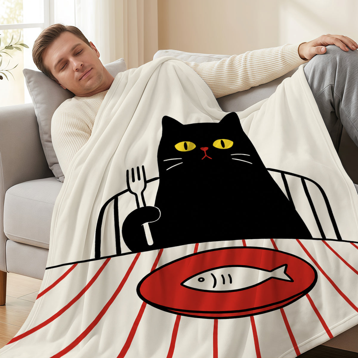 Cozy Fleece Blanket with Whimsical Black Cat Dining Pattern, Soft & Warm for Home or Gift