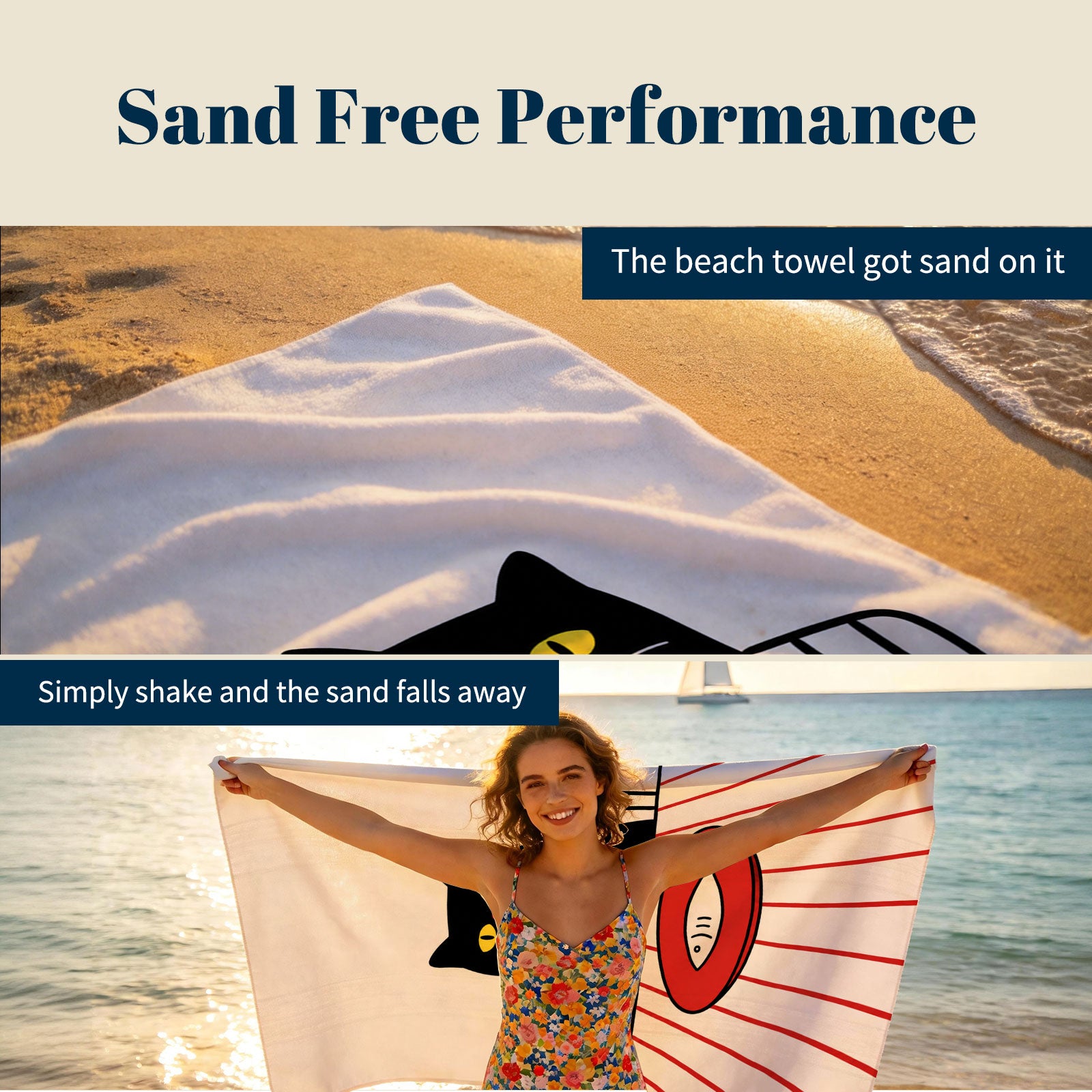Beach Towel with Cat and Fish Design, Microfiber Material, Perfect for Summer Days in California