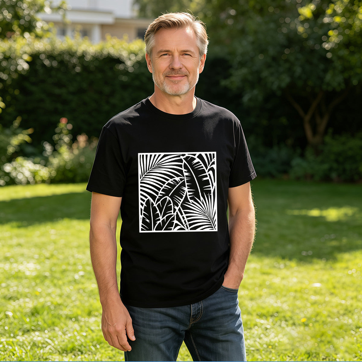 Men's Black Tropical Palm Leaf Graphic T-Shirt, Soft Cotton, Casual Summer Wear or Gift