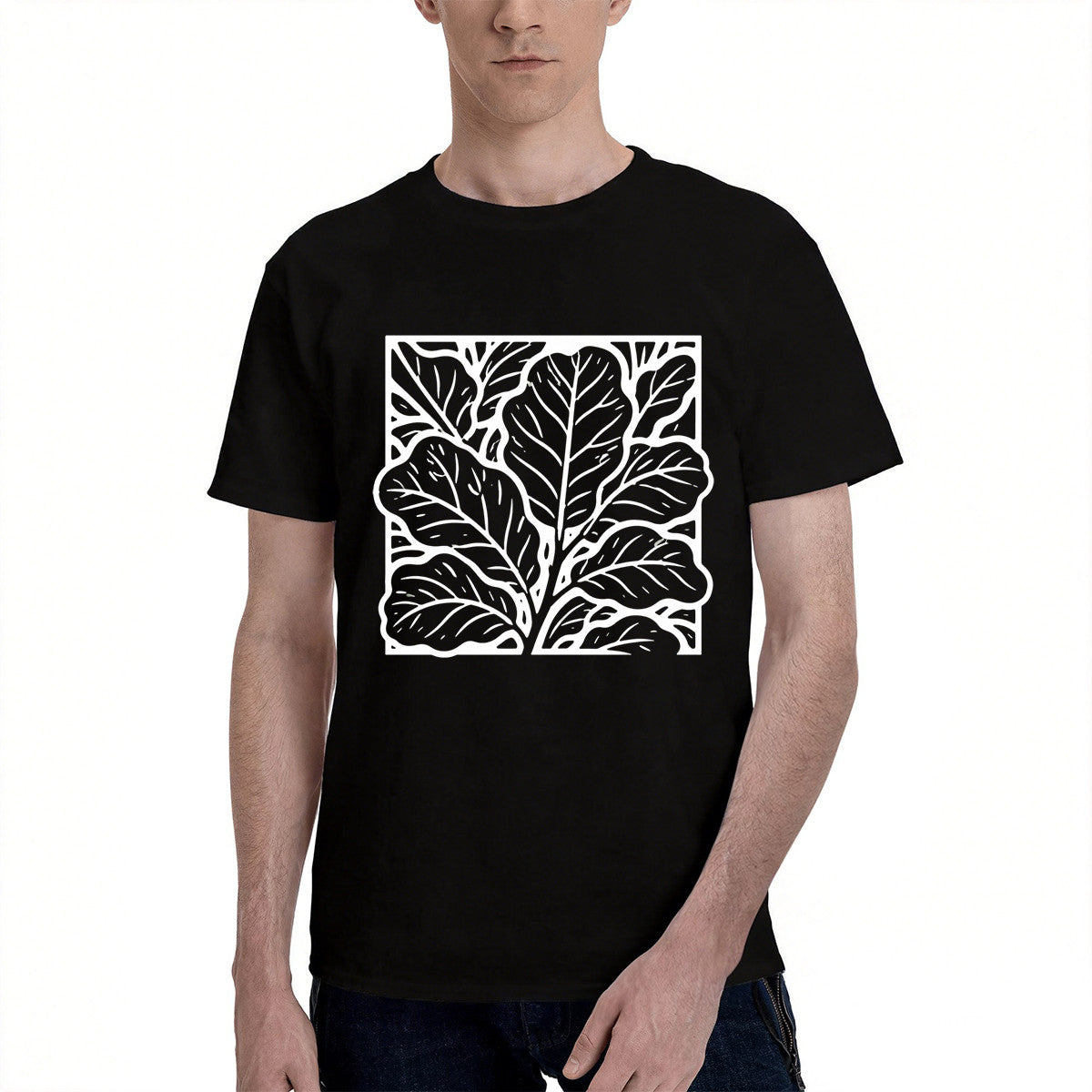 Men's Black Cotton T-Shirt with White Leaf Pattern, Casual Wear for Everyday