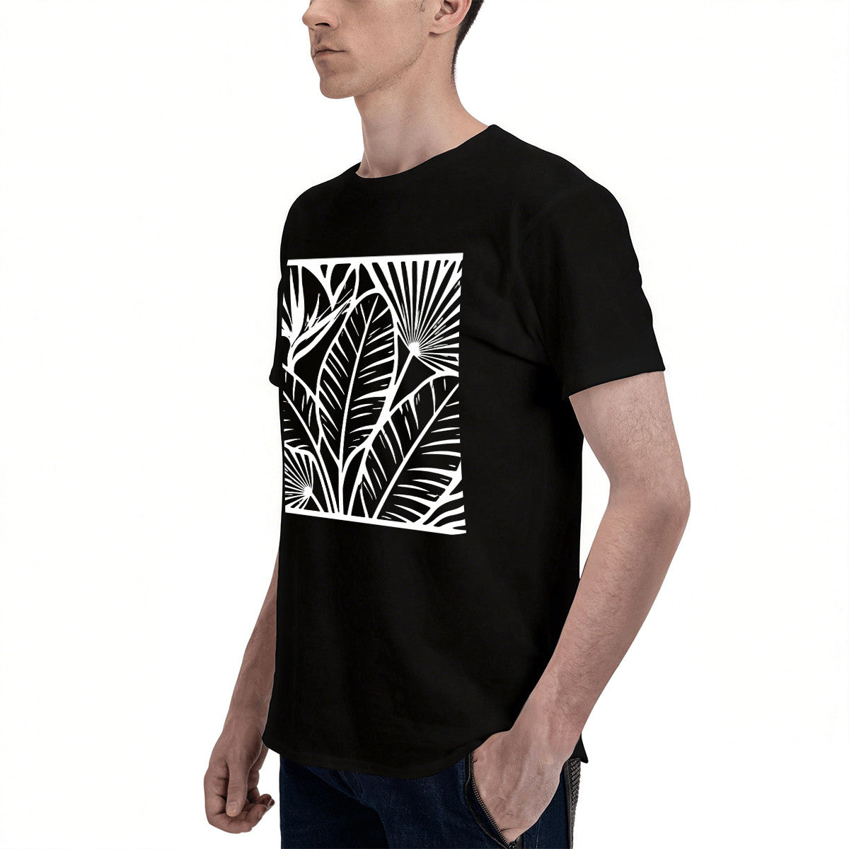 Unisex Black T-Shirt with Tropical Leaf Print, Soft Cotton, Perfect for Summer Outfits