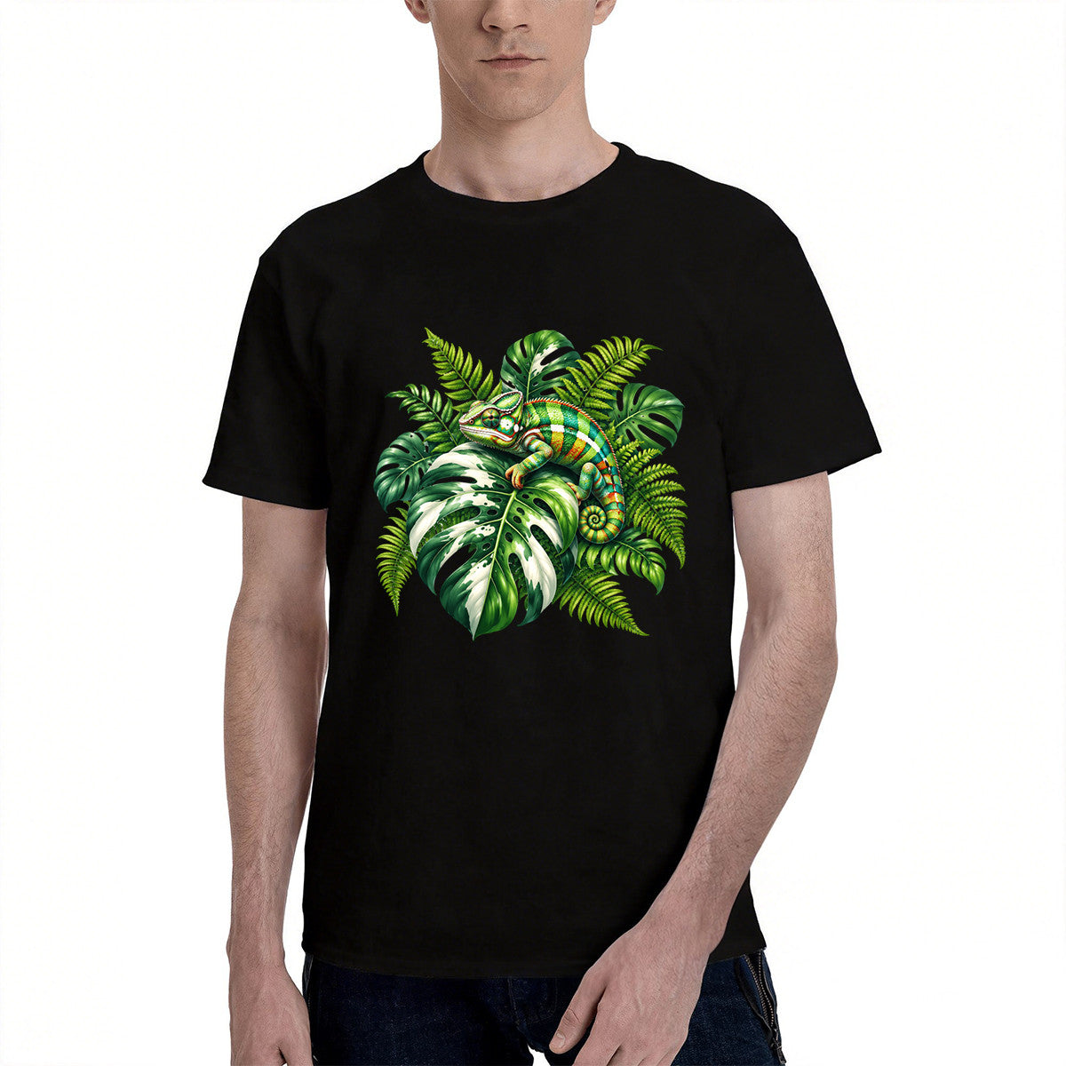Men's Black T-Shirt with Vibrant Chameleon and Tropical Leaves Design, Soft Cotton Material, Perfect for Summer Outfits