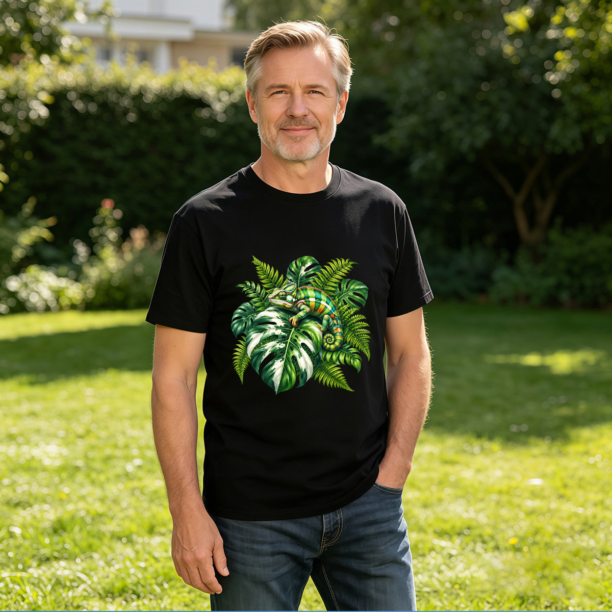 Men's Black T-Shirt with Vibrant Chameleon and Tropical Leaves Design, Soft Cotton Material, Perfect for Summer Outfits