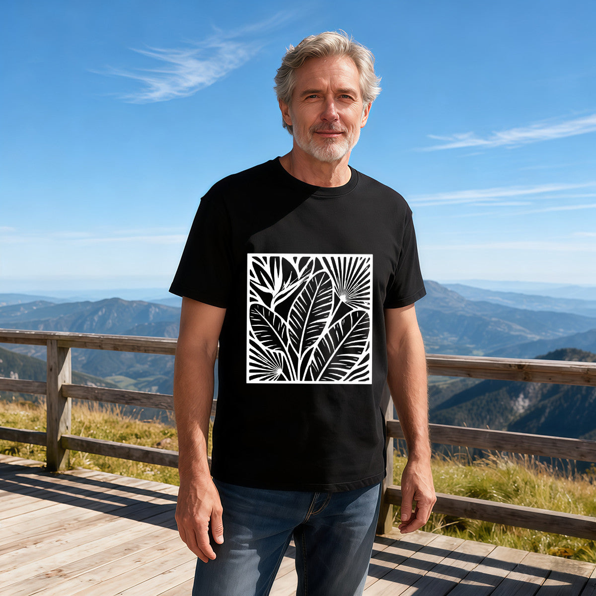 Unisex Black T-Shirt with Tropical Leaf Print, Soft Cotton, Perfect for Summer Outfits