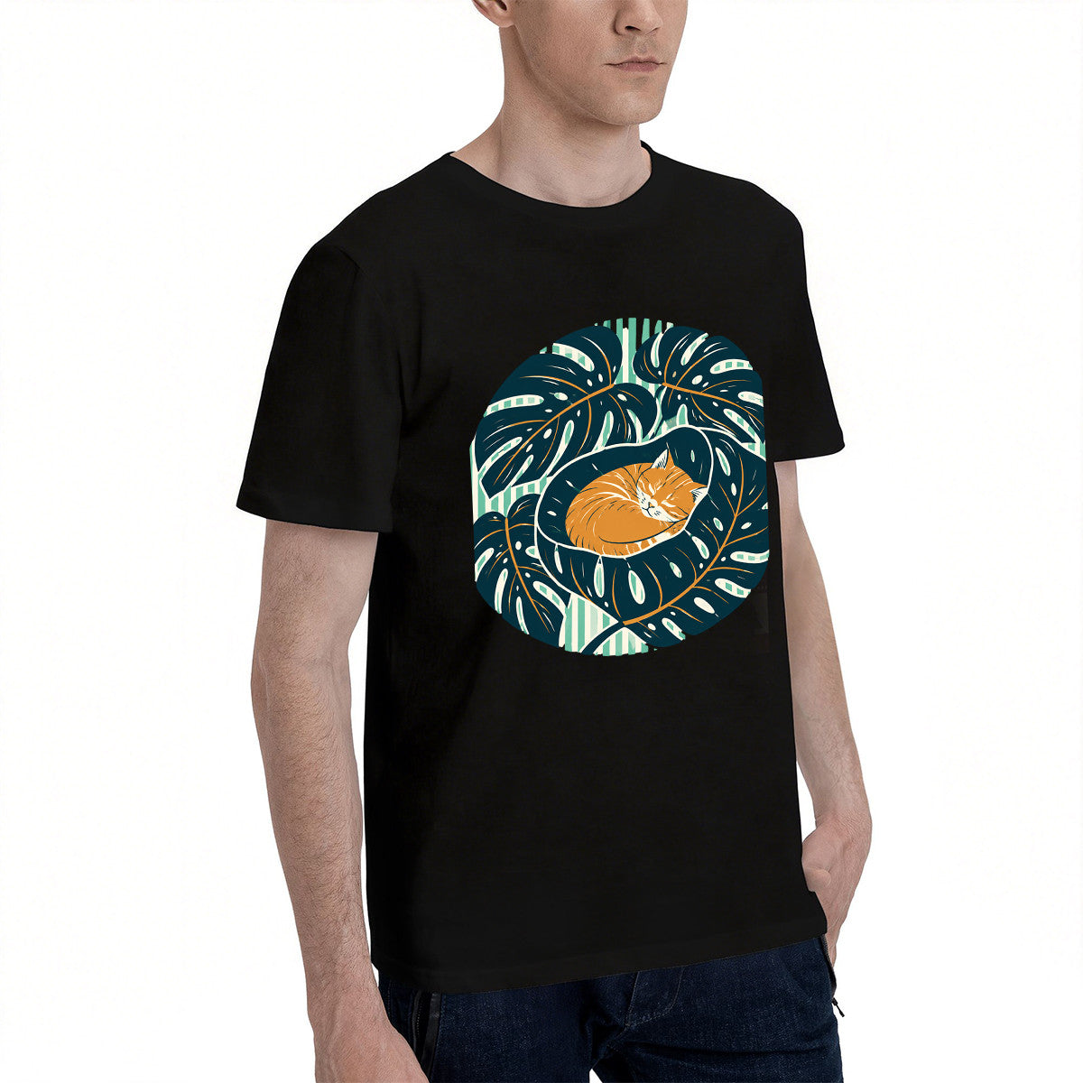 Men's Black T-Shirt with Cozy Cat in Monstera Leaf Design, Soft Cotton Material, Perfect for Casual Wear or Gift