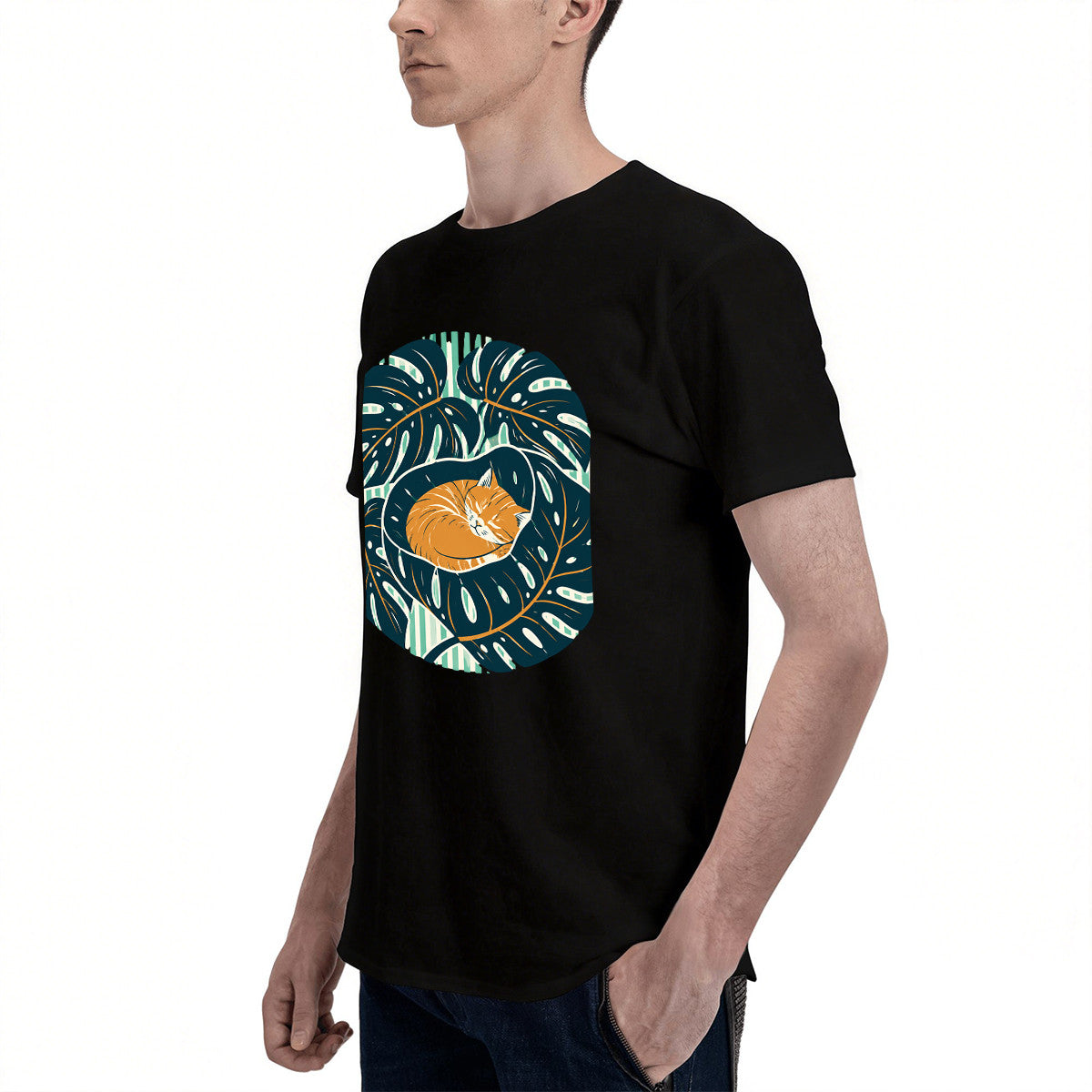 Men's Black T-Shirt with Cozy Cat in Monstera Leaf Design, Soft Cotton Material, Perfect for Casual Wear or Gift