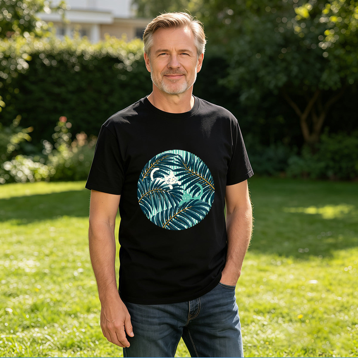 Men's Black T-Shirt with Tropical Palm Leaf and Cat Print, Soft Cotton Material, Perfect for Summer Outfits