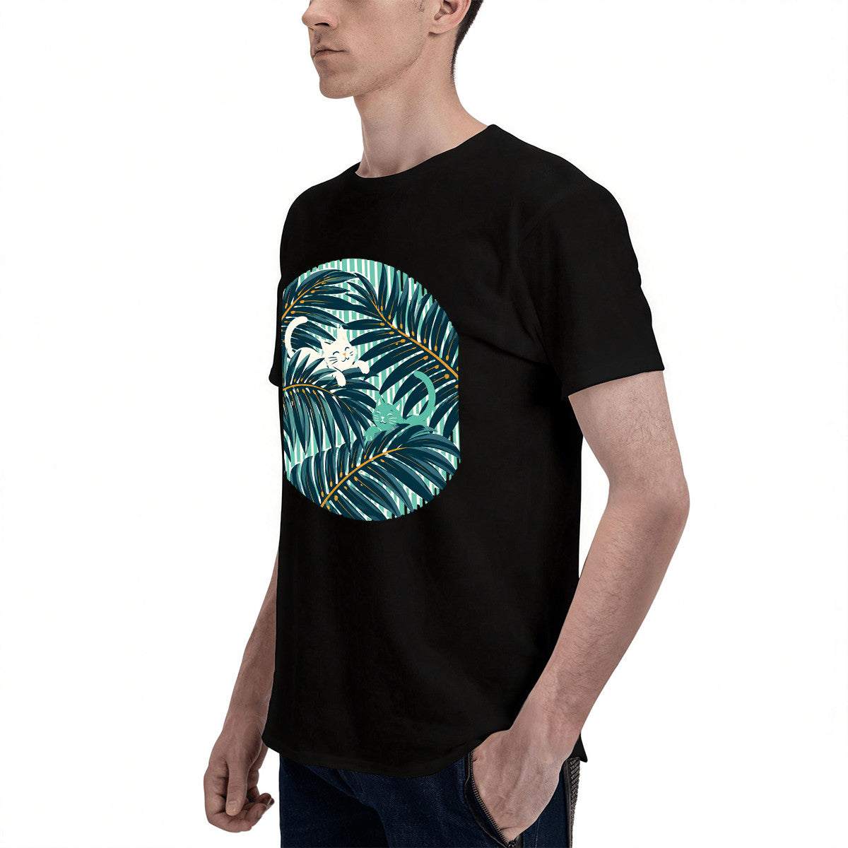 Men's Black T-Shirt with Tropical Palm Leaf and Cat Print, Soft Cotton Material, Perfect for Summer Outfits