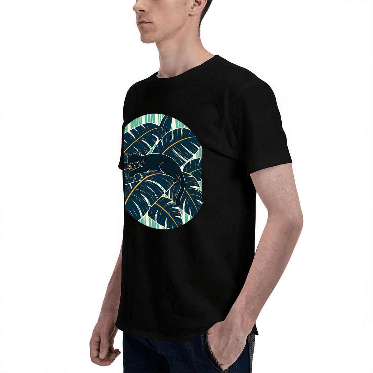 Men's Black T-Shirt with Tropical Cat Design, Soft Cotton, Perfect for Summer or Gift