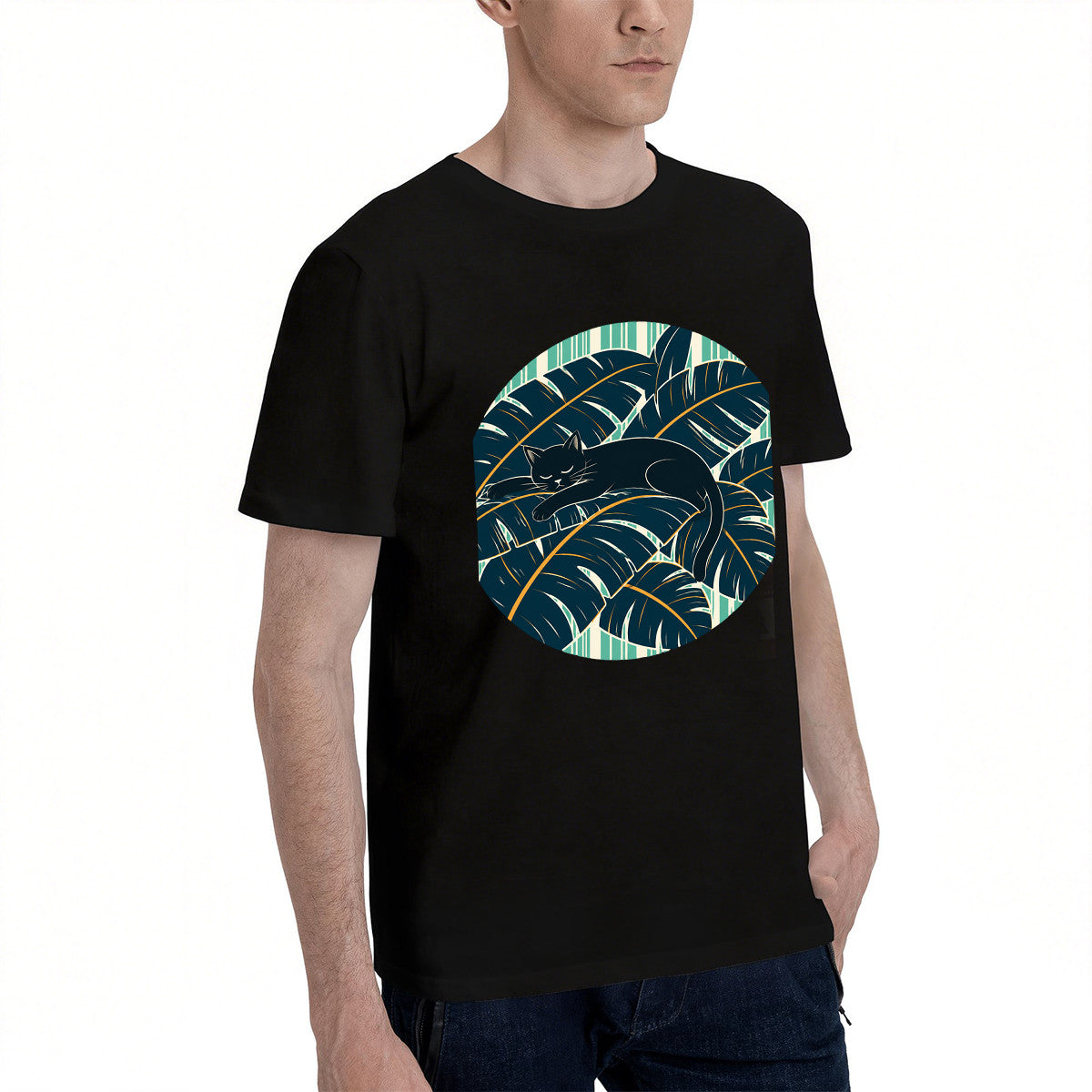 Men's Black T-Shirt with Tropical Cat Design, Soft Cotton, Perfect for Summer or Gift