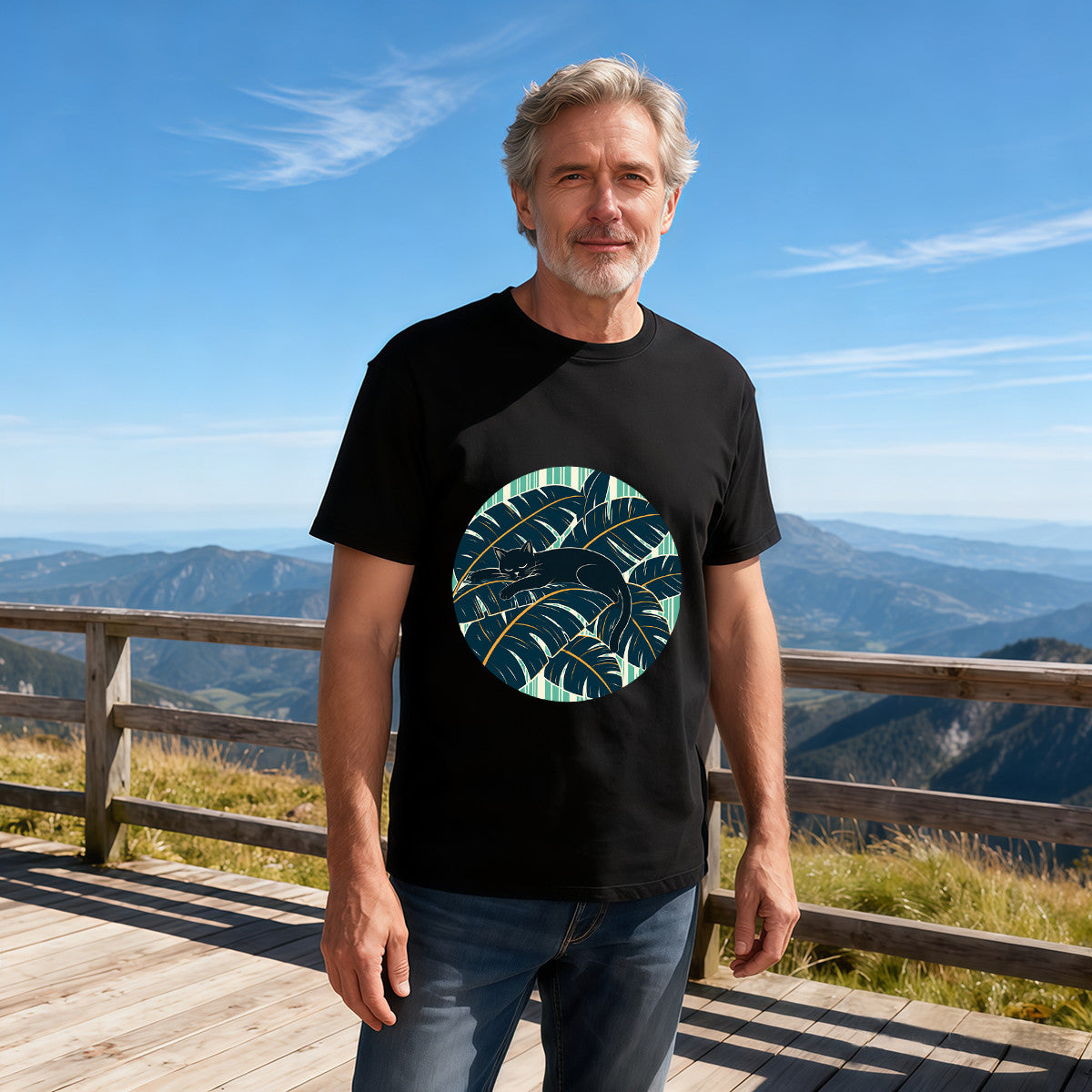 Men's Black T-Shirt with Tropical Cat Design, Soft Cotton, Perfect for Summer or Gift