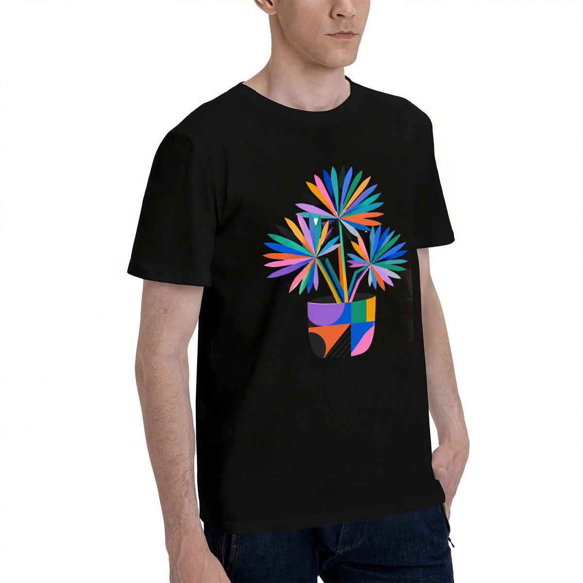 Unisex Black T-Shirt with Vibrant Abstract Plant Design, Soft Cotton Material, Perfect for Casual Wear or Gift