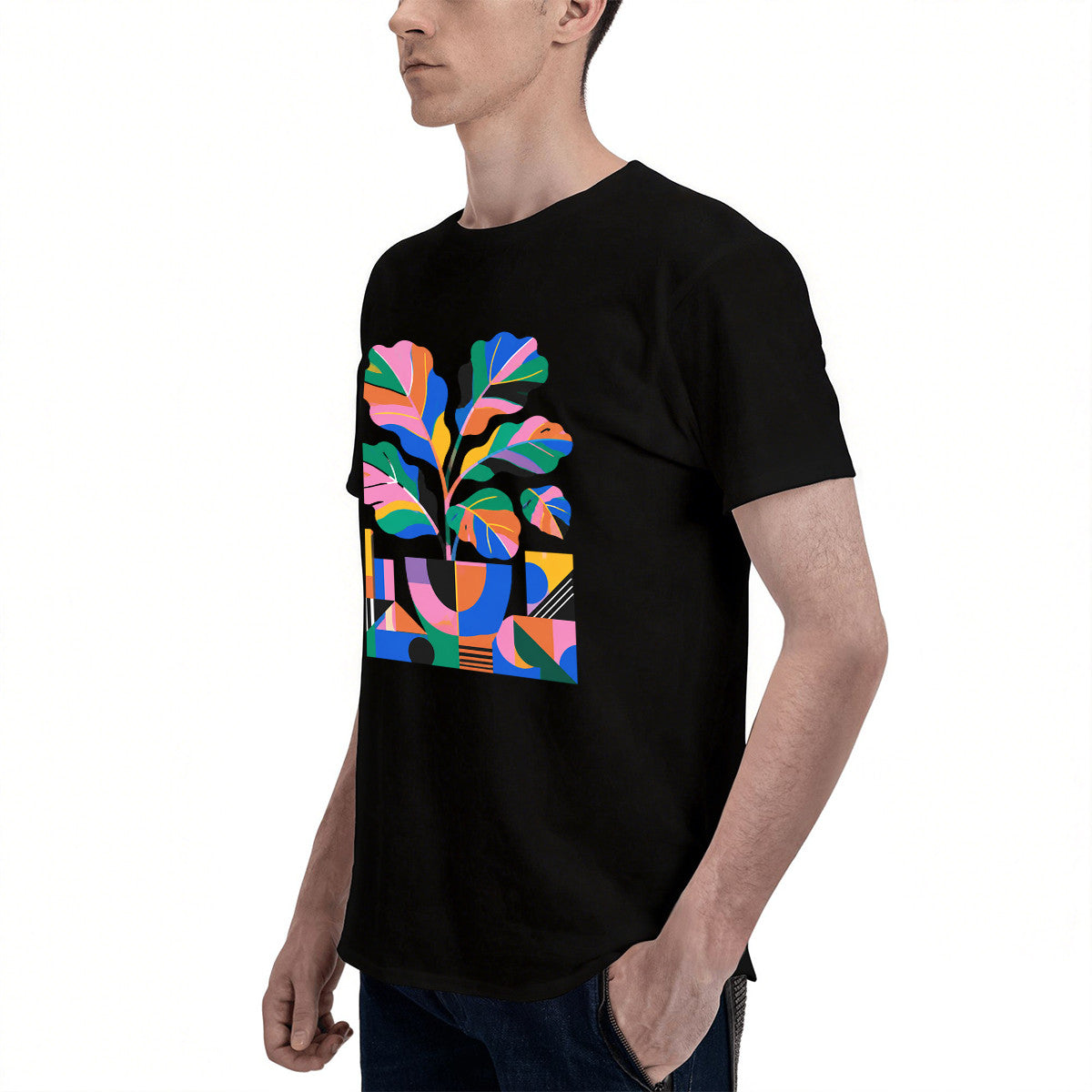 Unisex Black T-Shirt with Vibrant Abstract Plant Design, Soft Cotton Material, Perfect for Casual Wear or Gift