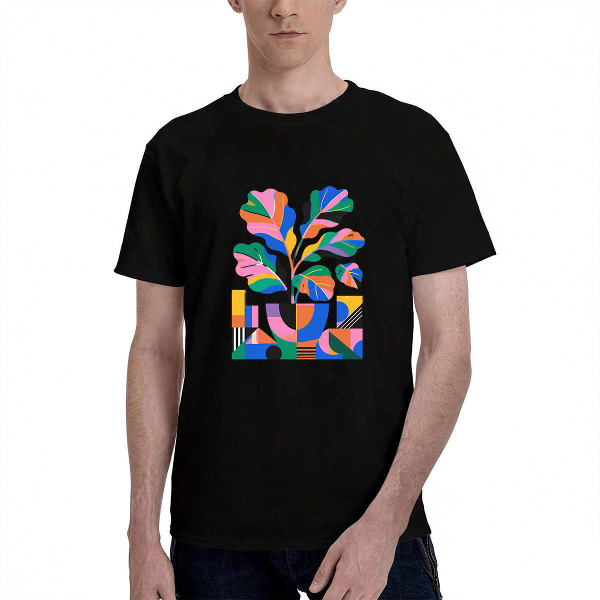 Unisex Black T-Shirt with Vibrant Abstract Plant Design, Soft Cotton Material, Perfect for Casual Wear or Gift