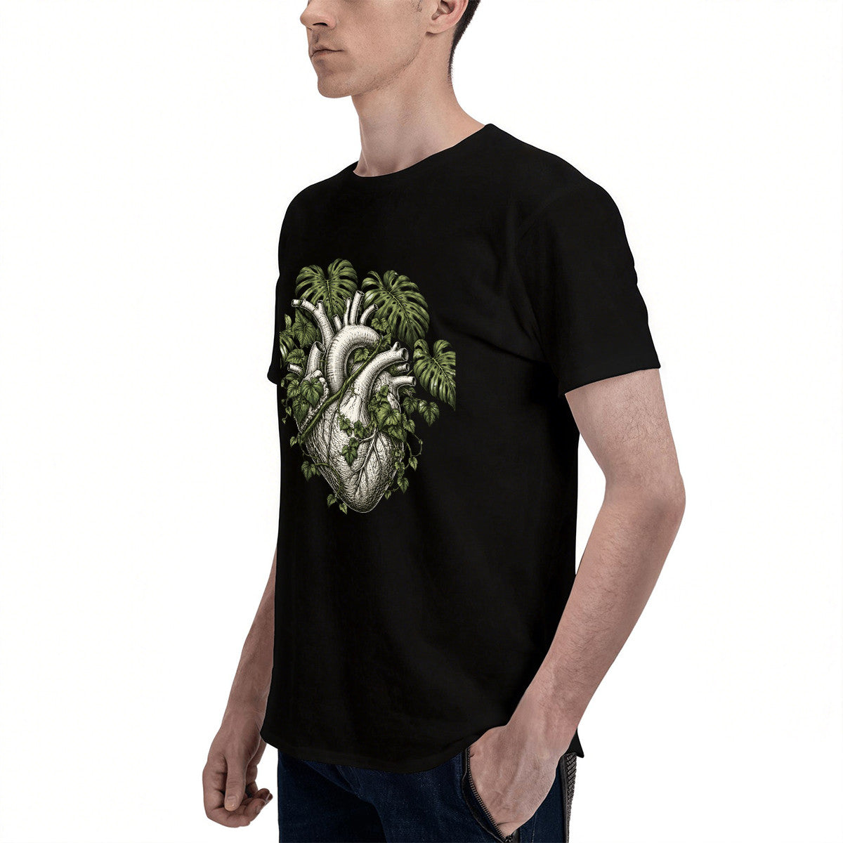 Men's Black Cotton T-Shirt with Anatomical Heart and Green Leaves Design, Eco-Friendly Material for Casual Wear