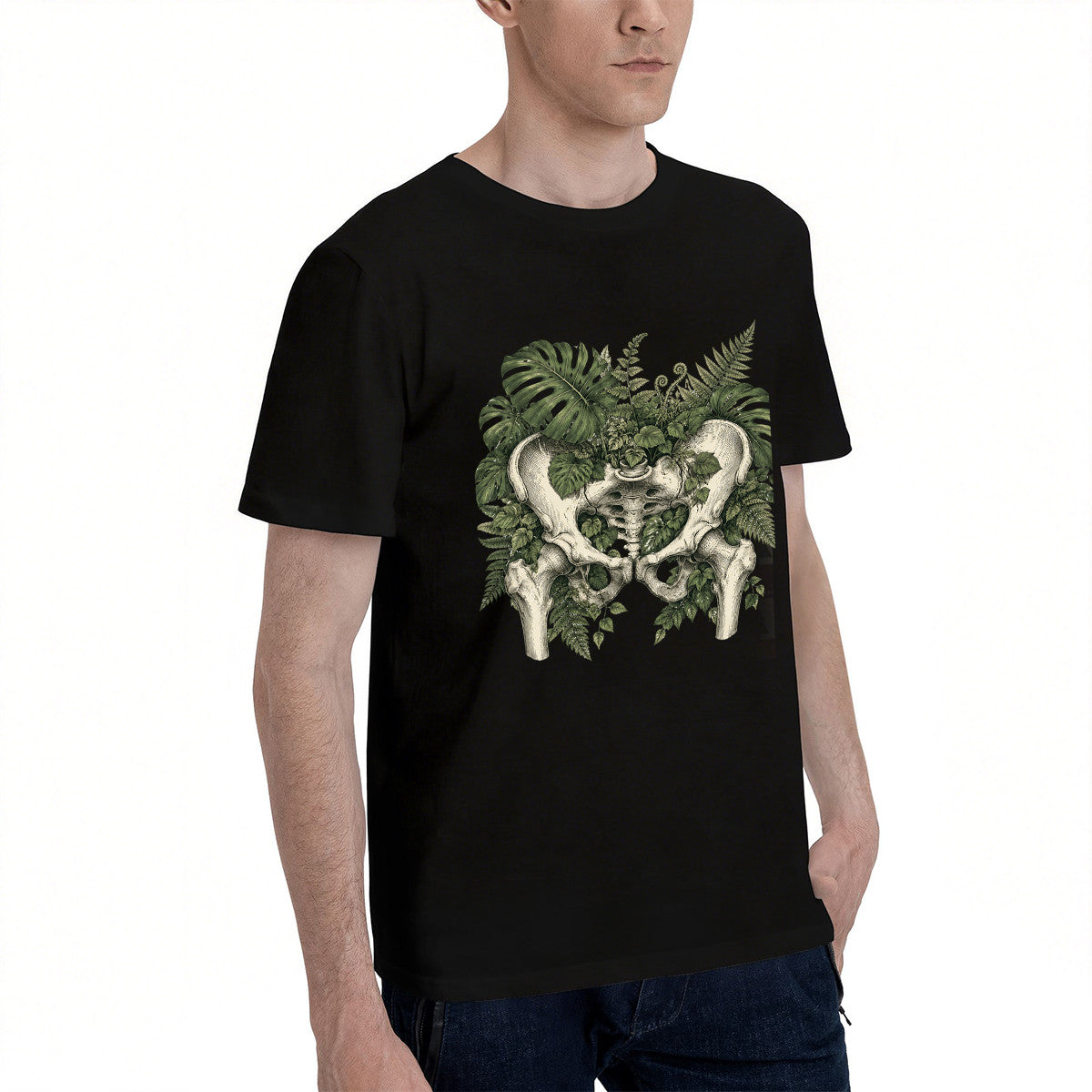 Unisex Black T-Shirt with Botanical Hip Bone Design, Soft Cotton, Perfect for Nature Lovers