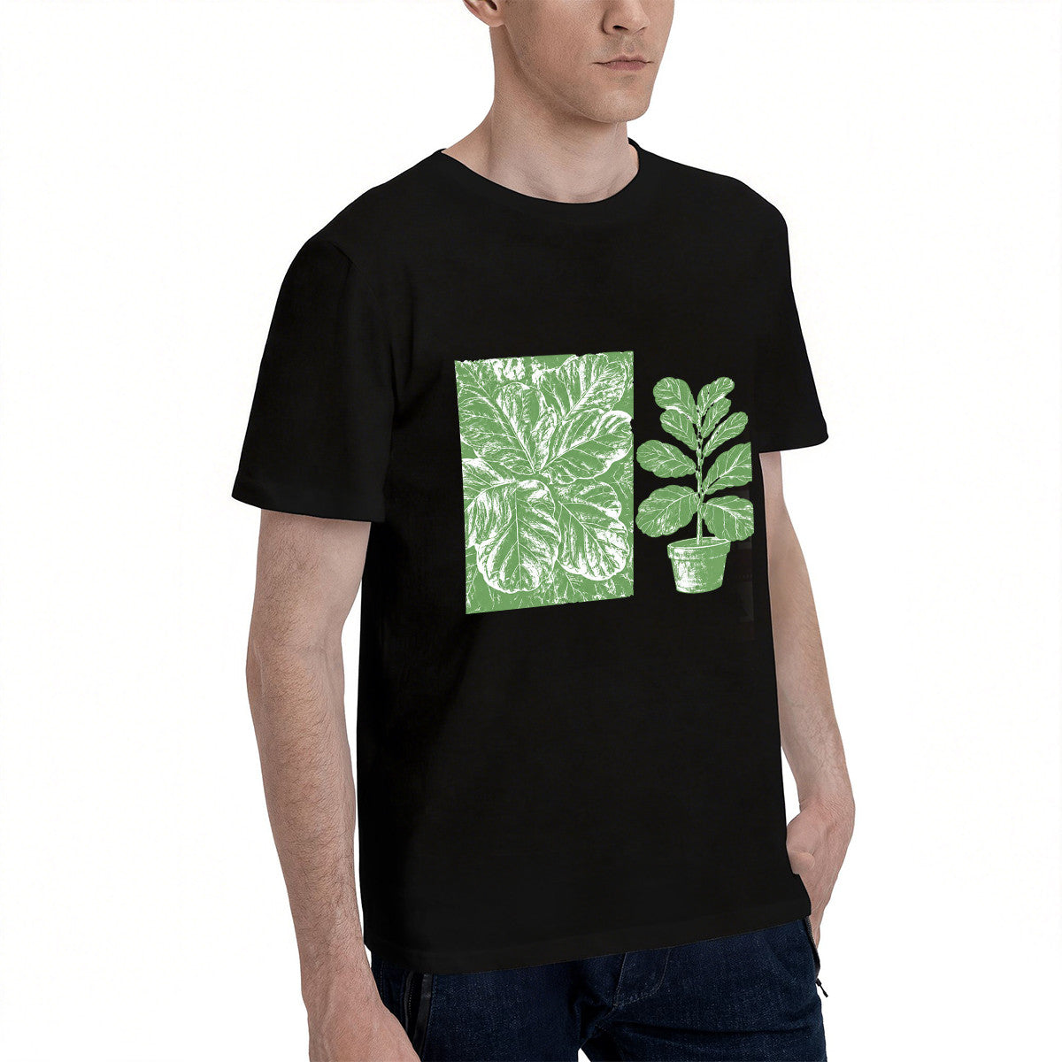 Men's Black T-Shirt with Green Plant Print, Soft Cotton, Casual Wear for Any Occasion
