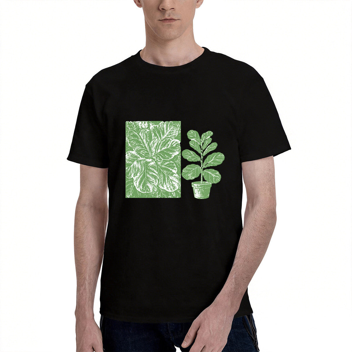 Men's Black T-Shirt with Green Plant Print, Soft Cotton, Casual Wear for Any Occasion