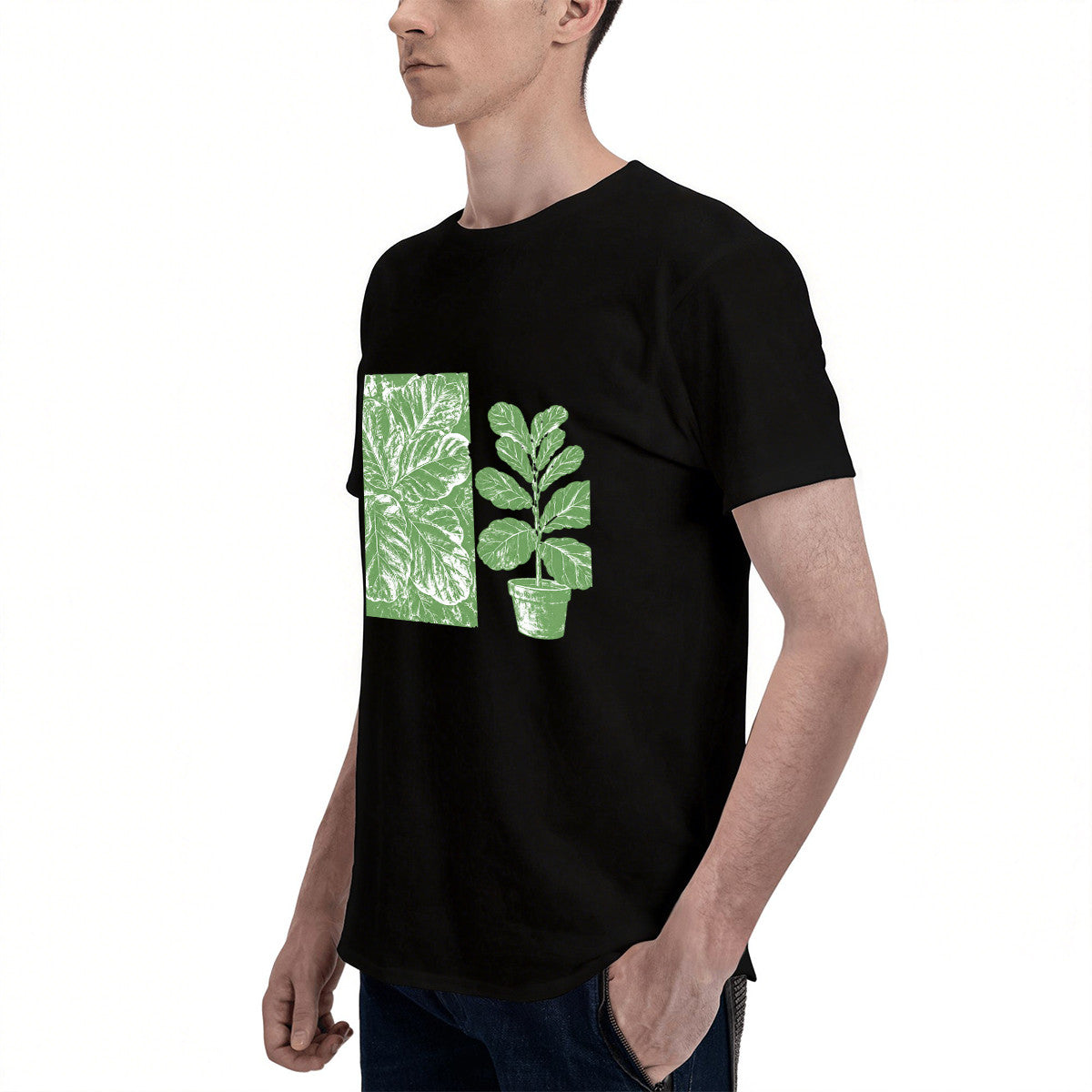 Men's Black T-Shirt with Green Plant Print, Soft Cotton, Casual Wear for Any Occasion