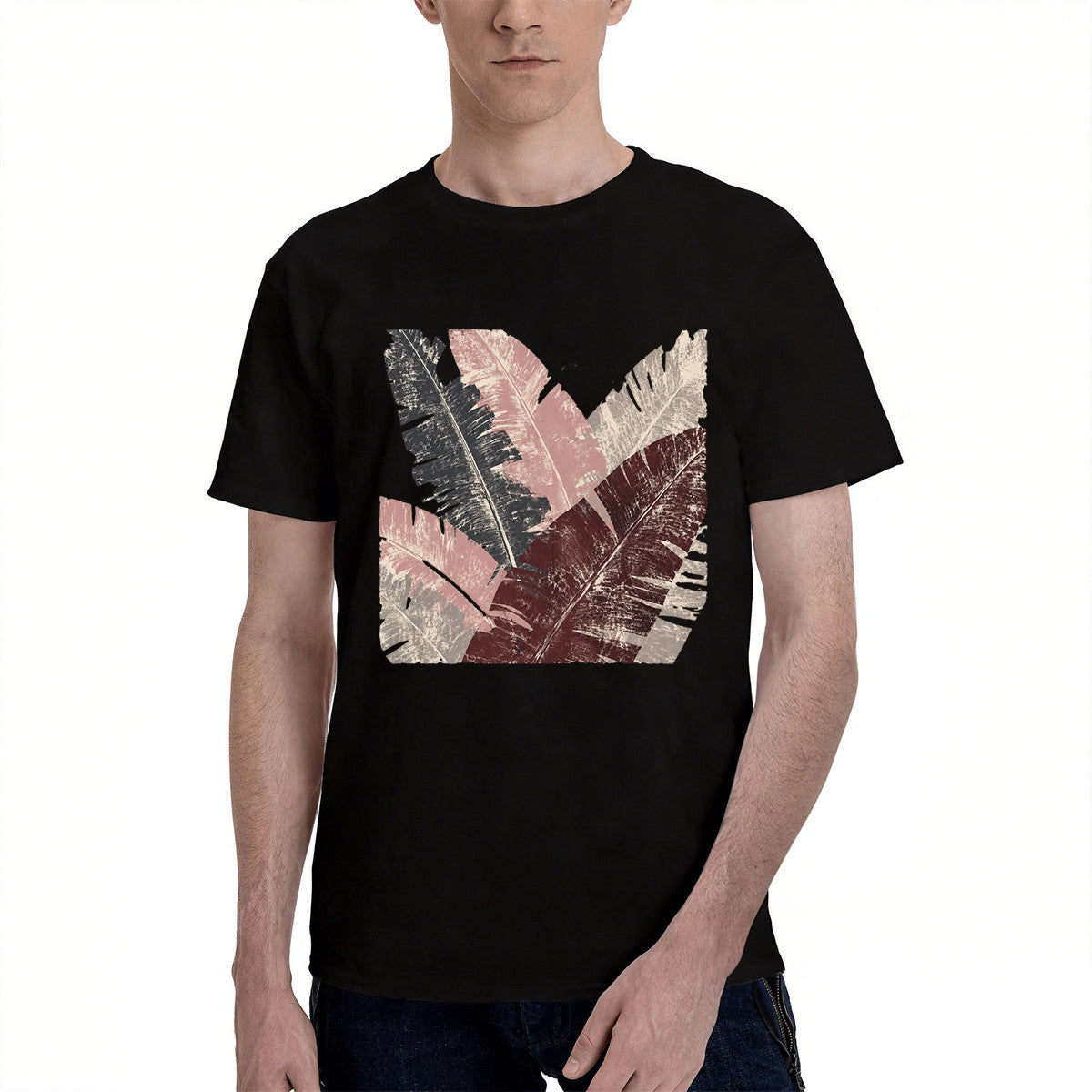 Men's Black T-Shirt with Vibrant Tropical Leaf Print, Soft Cotton Material, Perfect for Summer Outfits
