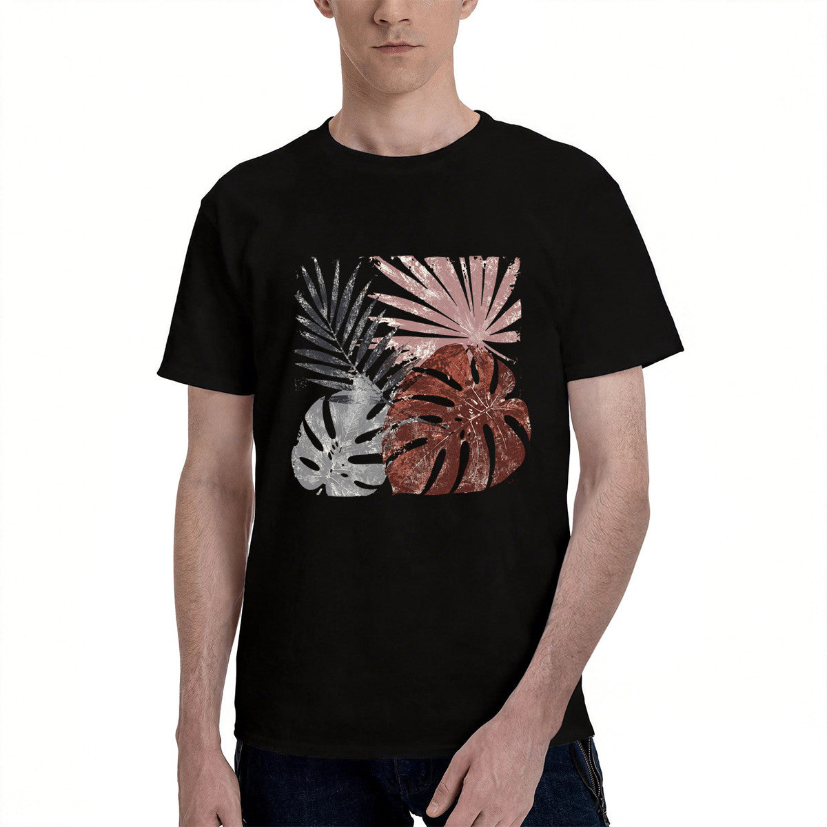 Men's Black Tropical Leaf Graphic T-Shirt, Soft Cotton, Casual Summer Wear, Perfect for Beach Trips in California