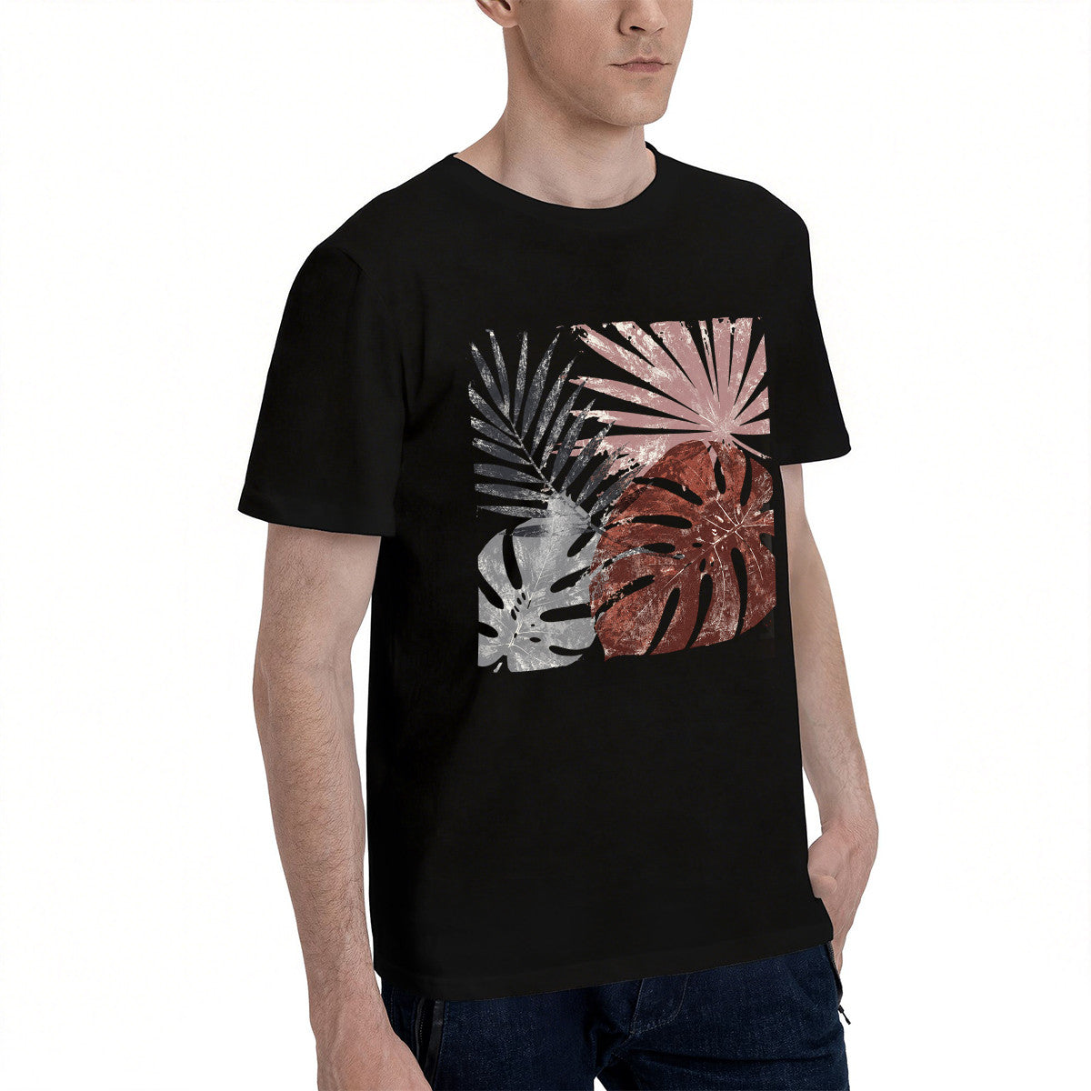 Men's Black Tropical Leaf Graphic T-Shirt, Soft Cotton, Casual Summer Wear, Perfect for Beach Trips in California