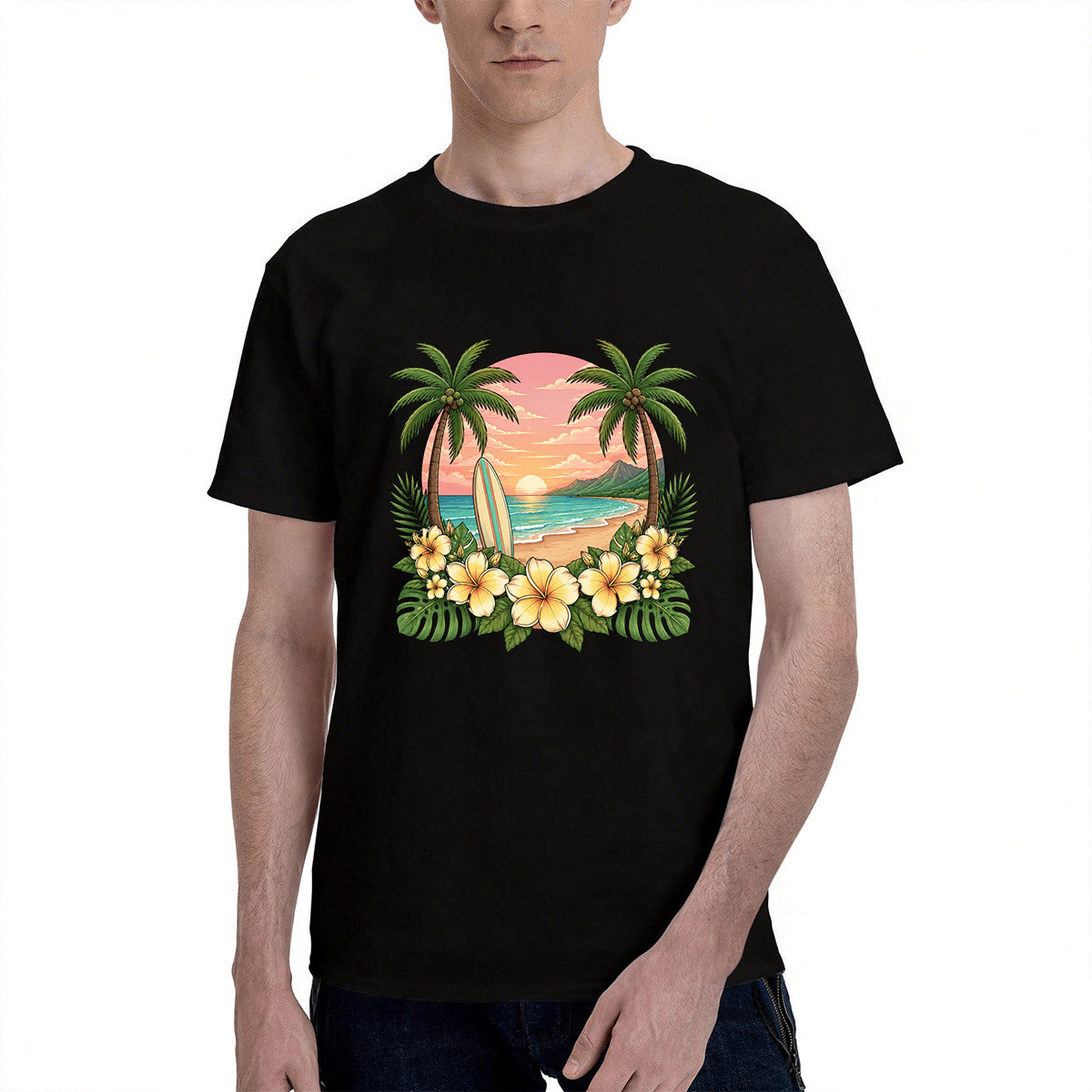 Men's Tropical Beach Sunset T-Shirt with Palm Trees and Flowers, Soft Cotton, Perfect for Summer Vacations