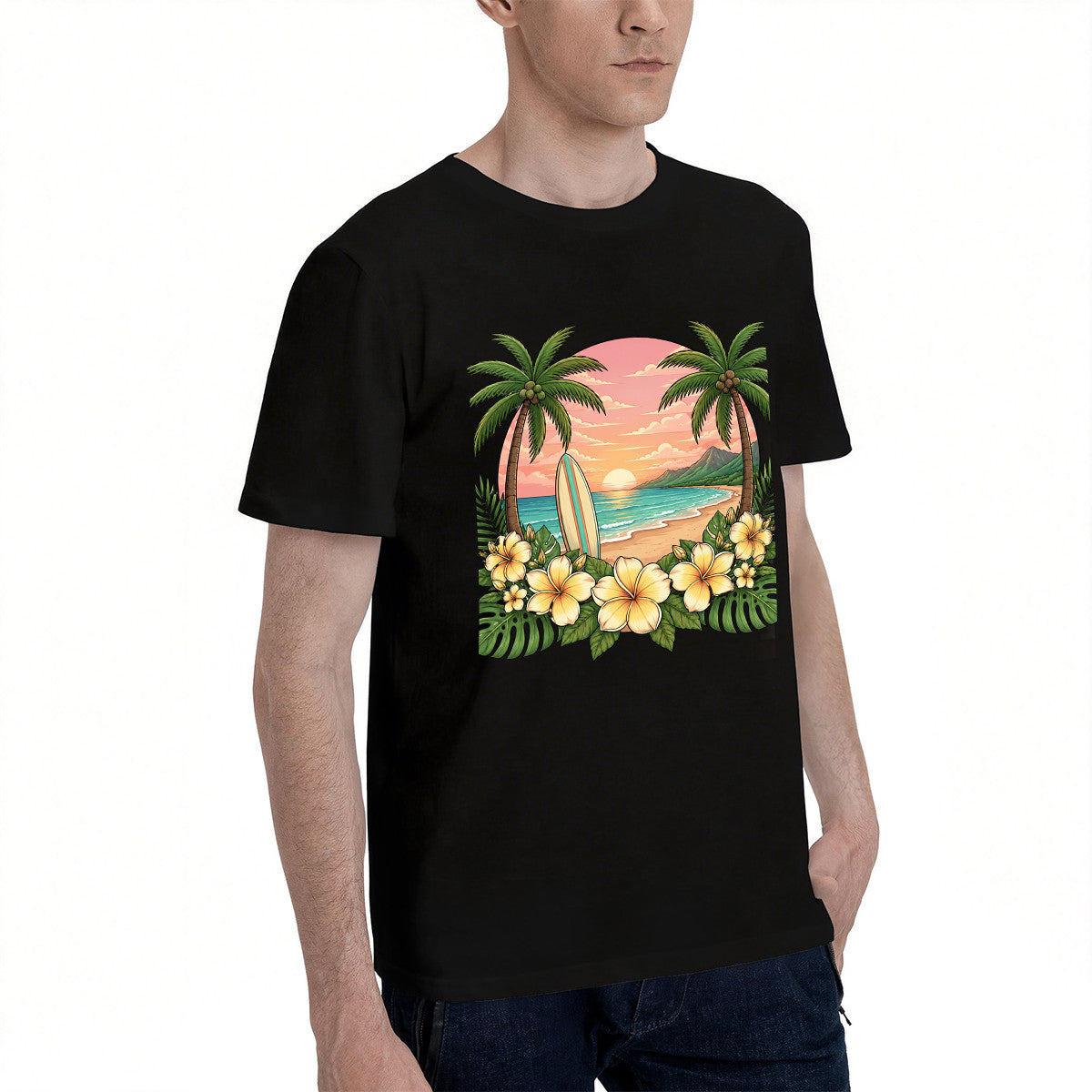 Men's Tropical Beach Sunset T-Shirt with Palm Trees and Flowers, Soft Cotton, Perfect for Summer Vacations