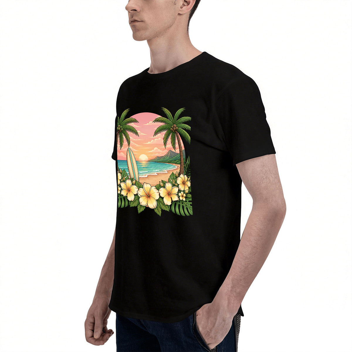 Men's Tropical Beach Sunset T-Shirt with Palm Trees and Flowers, Soft Cotton, Perfect for Summer Vacations