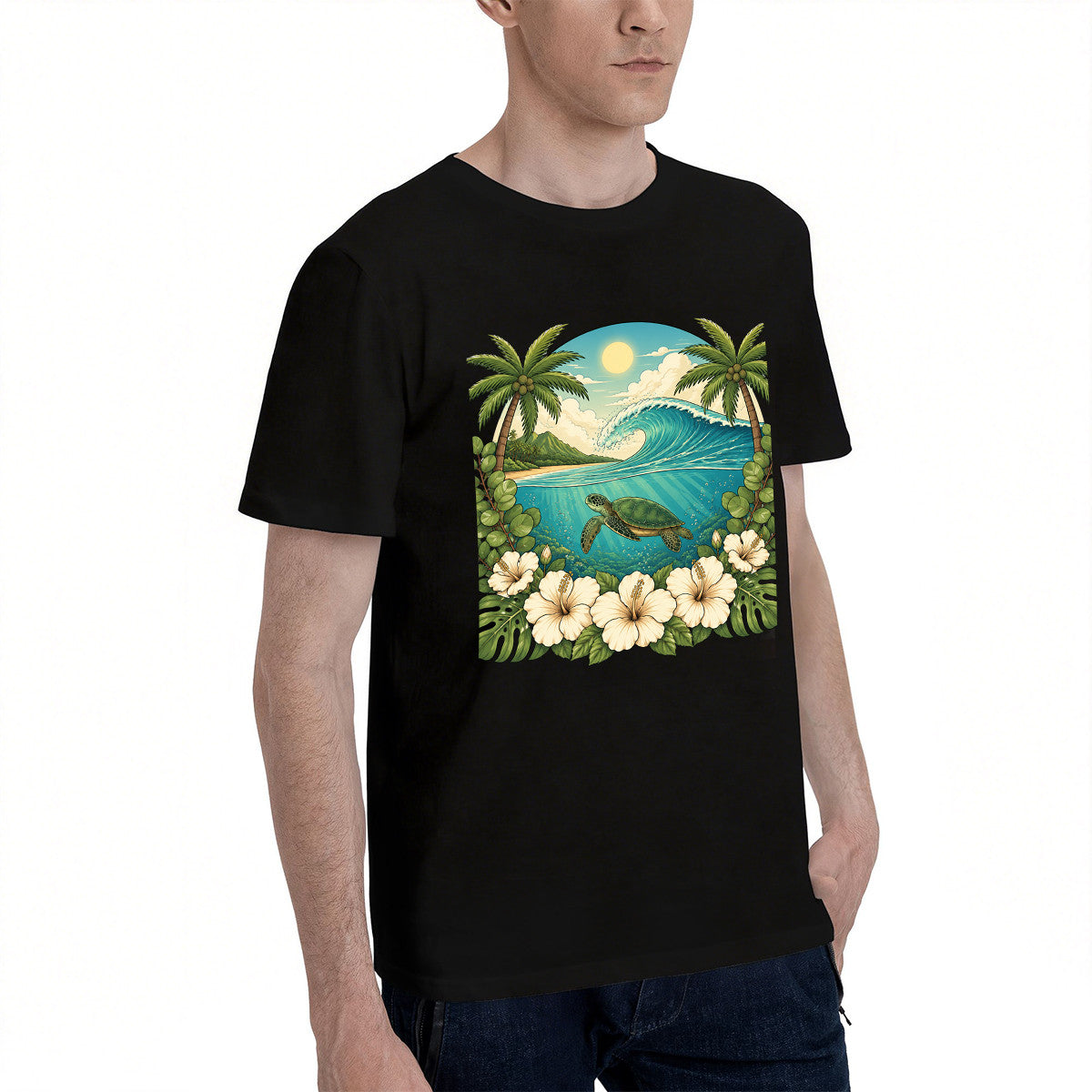Men's Tropical Sea Turtle Wave Graphic T-Shirt, Soft Cotton, Summer Beach Wear
