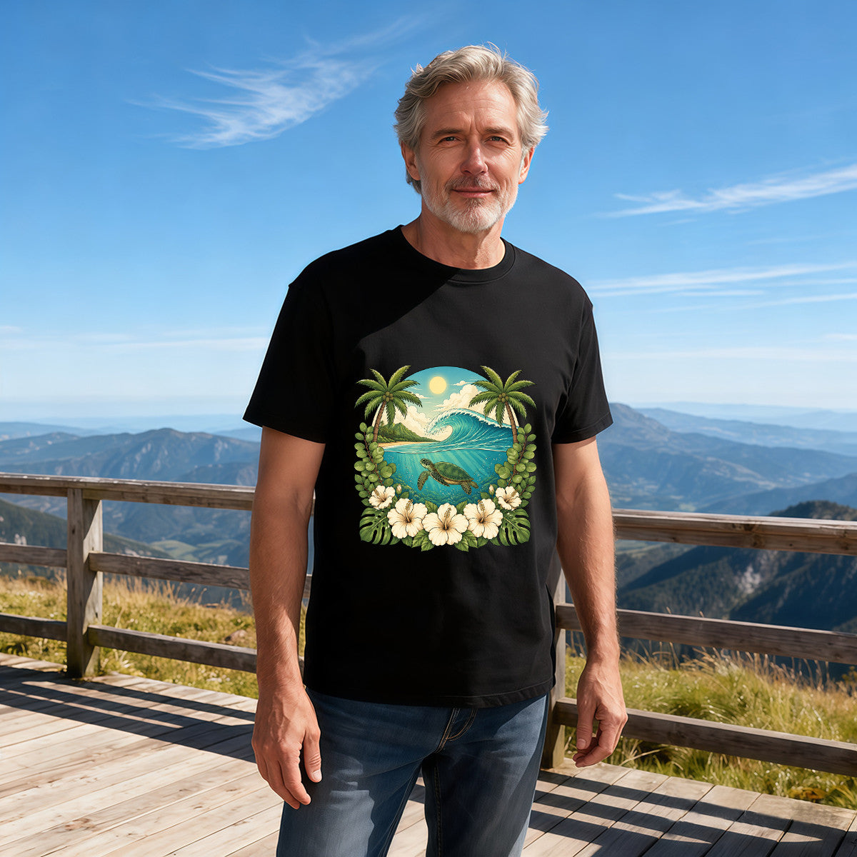 Men's Tropical Sea Turtle Wave Graphic T-Shirt, Soft Cotton, Summer Beach Wear