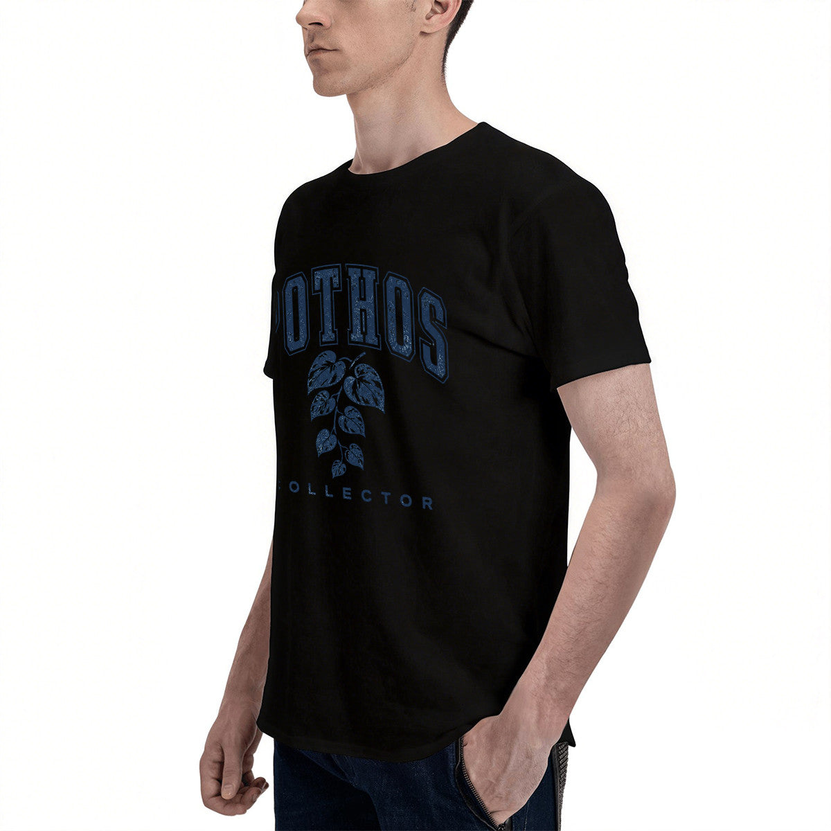 Men's Black Pothos Collector T-Shirt with Leaf Design, Soft Cotton, Casual Wear for Home or Gift