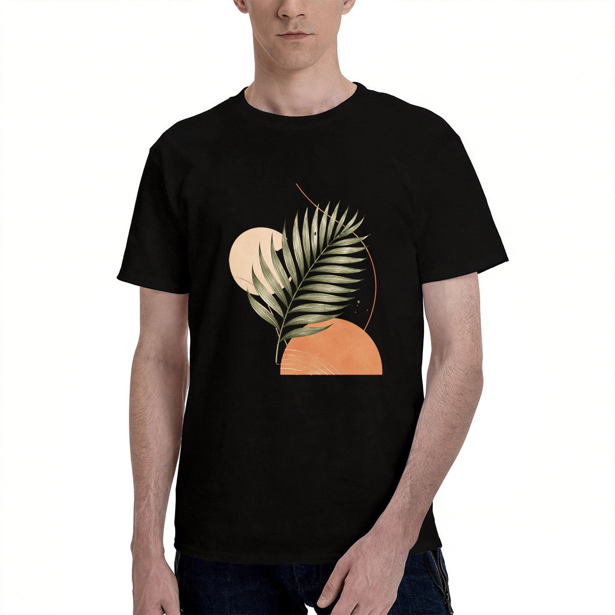 Men's Black T-Shirt with Tropical Leaf Graphic, Soft Cotton, Casual Summer Wear
