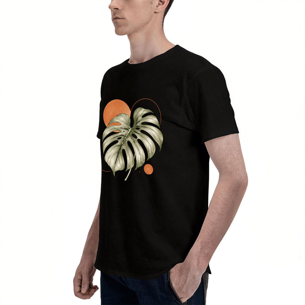 Unisex Black T-Shirt with Monstera Leaf Print, Soft Cotton, Perfect for Casual Wear or Gift