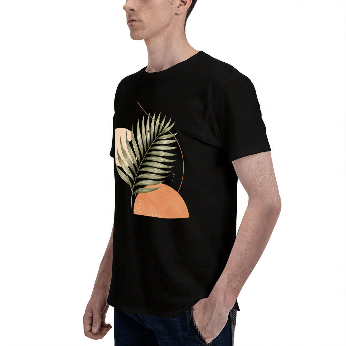 Men's Black T-Shirt with Tropical Leaf Graphic, Soft Cotton, Casual Summer Wear