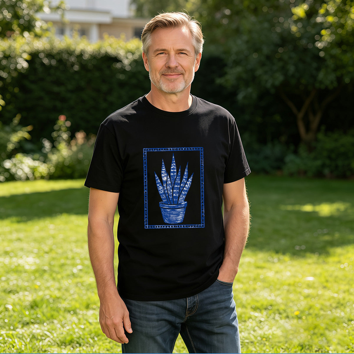 Men's Black T-Shirt with Blue Agave Plant Design, Soft Cotton, Perfect for Casual Wear or Gifts