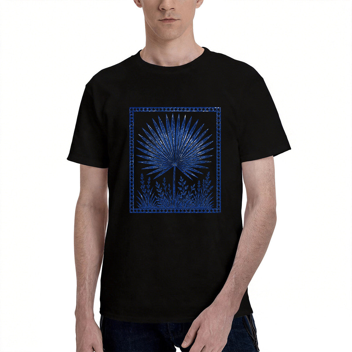 Men's Black T-Shirt with Blue Palm Leaf Design, Soft Cotton, Casual Wear for Summer or Gift
