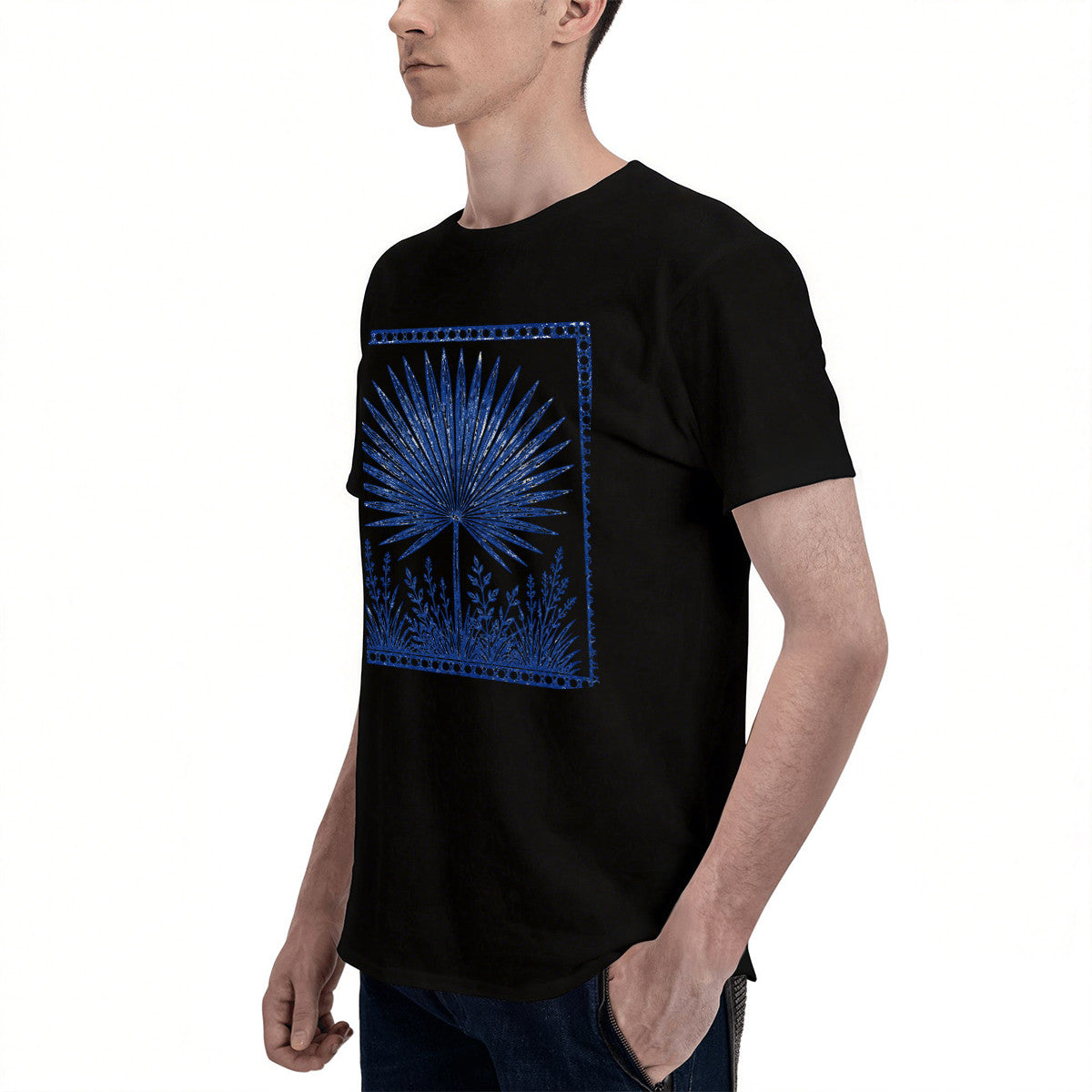 Men's Black T-Shirt with Blue Palm Leaf Design, Soft Cotton, Casual Wear for Summer or Gift