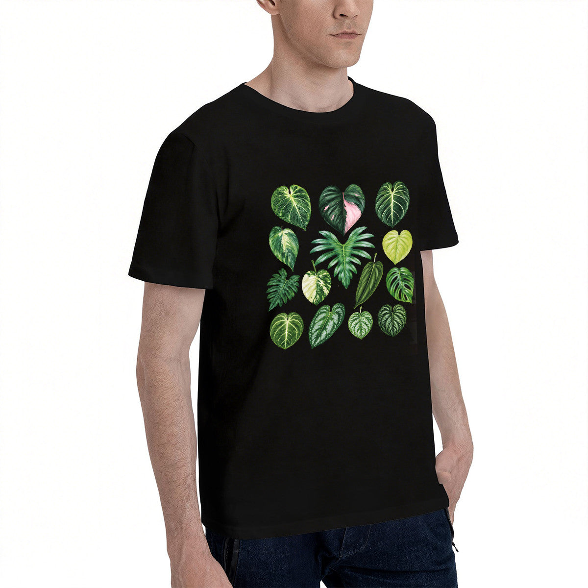 Men's Black T-Shirt with Vibrant Tropical Leaf Print, Soft Cotton Material, Perfect for Casual Wear or Gift