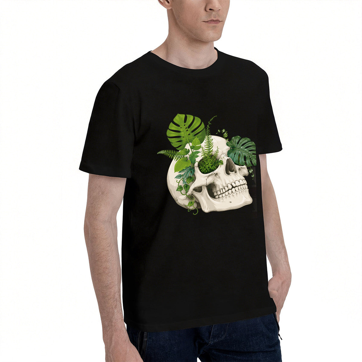 Men's Black T-Shirt with Unique Skull and Green Leaves Design, Soft Cotton Material, Perfect for Casual Wear or Gift
