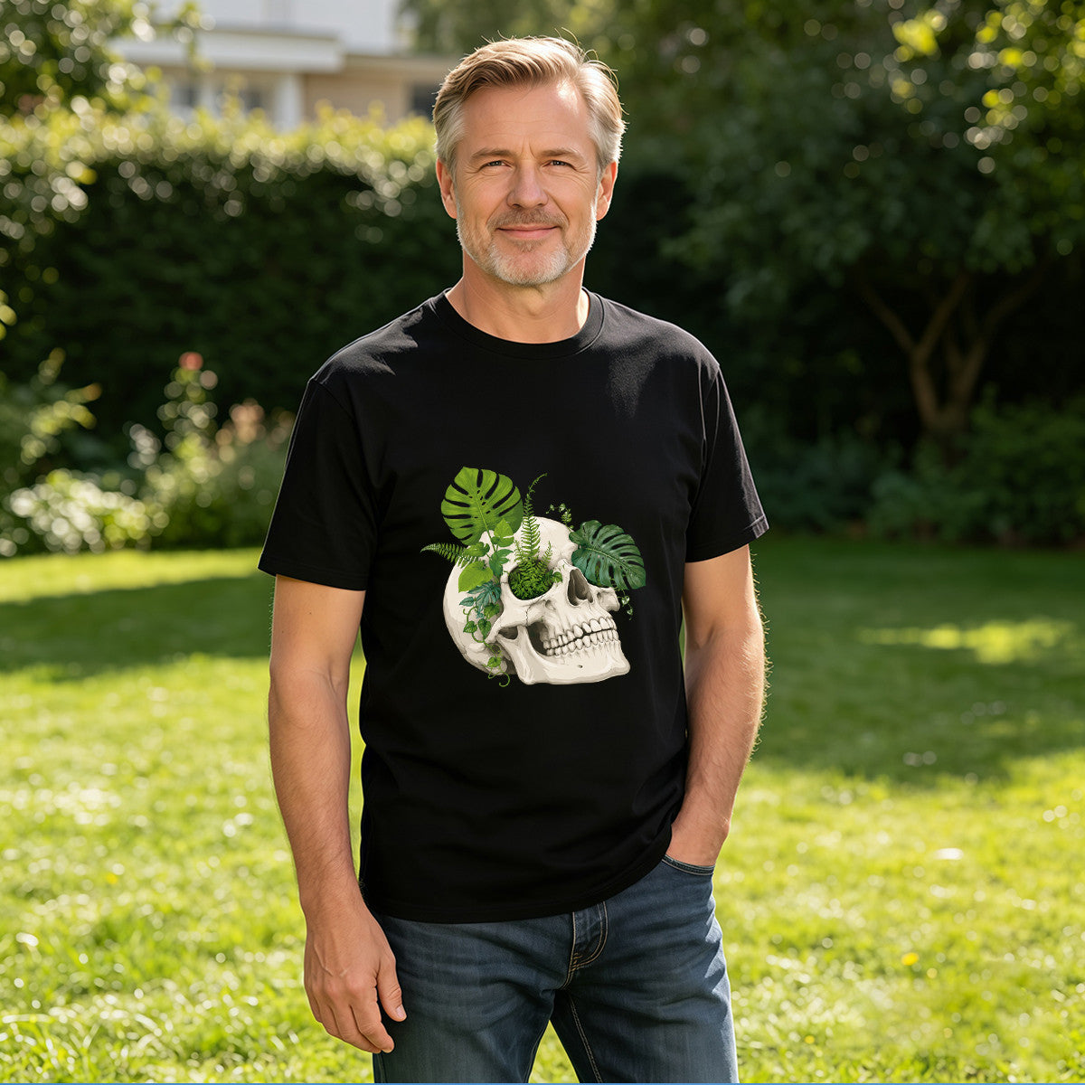Men's Black T-Shirt with Unique Skull and Green Leaves Design, Soft Cotton Material, Perfect for Casual Wear or Gift