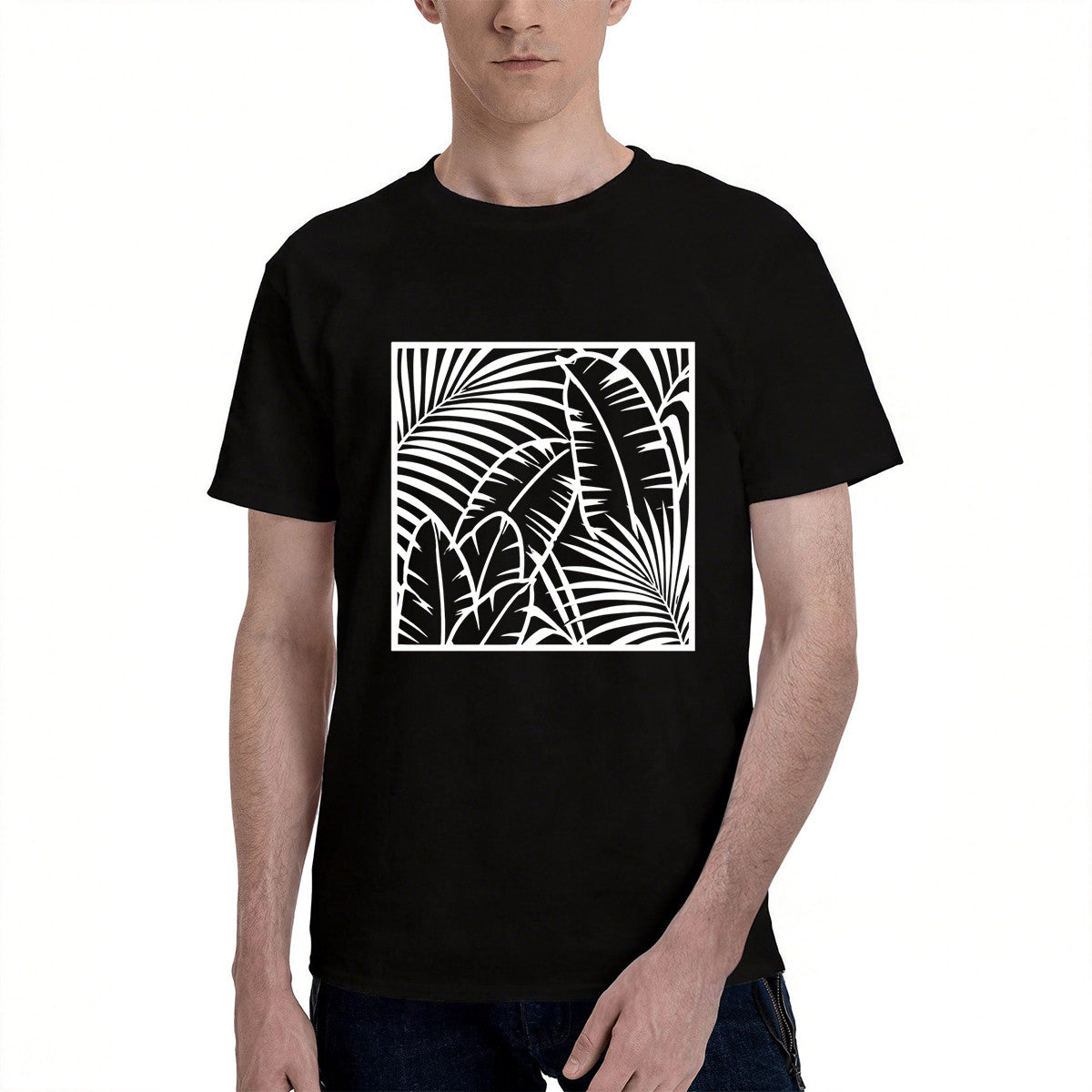 Men's Black Tropical Palm Leaf Graphic T-Shirt, Soft Cotton, Casual Summer Wear or Gift