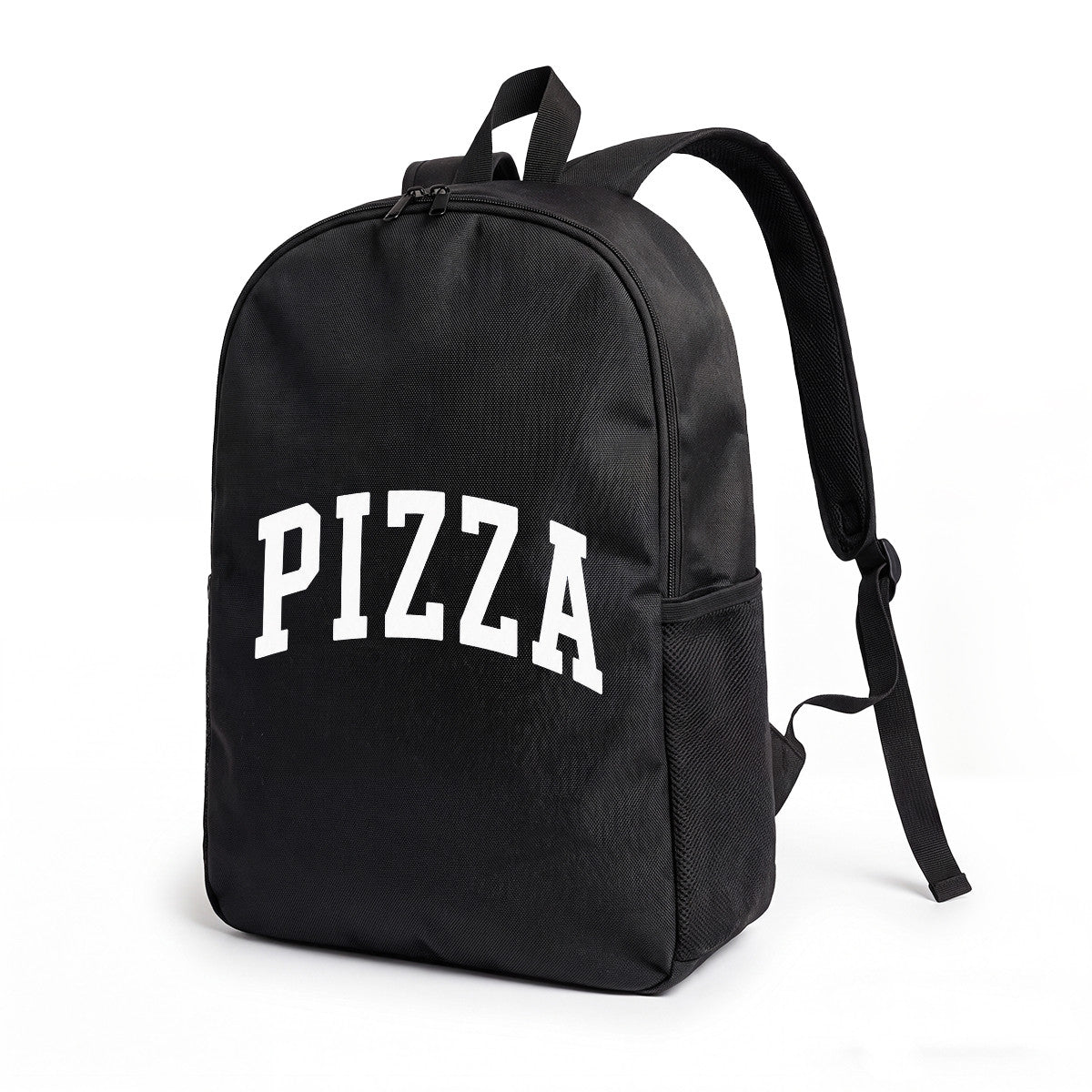 Black Pizza Text Backpack - Durable High-Density Weave, Campus & Commute Ready